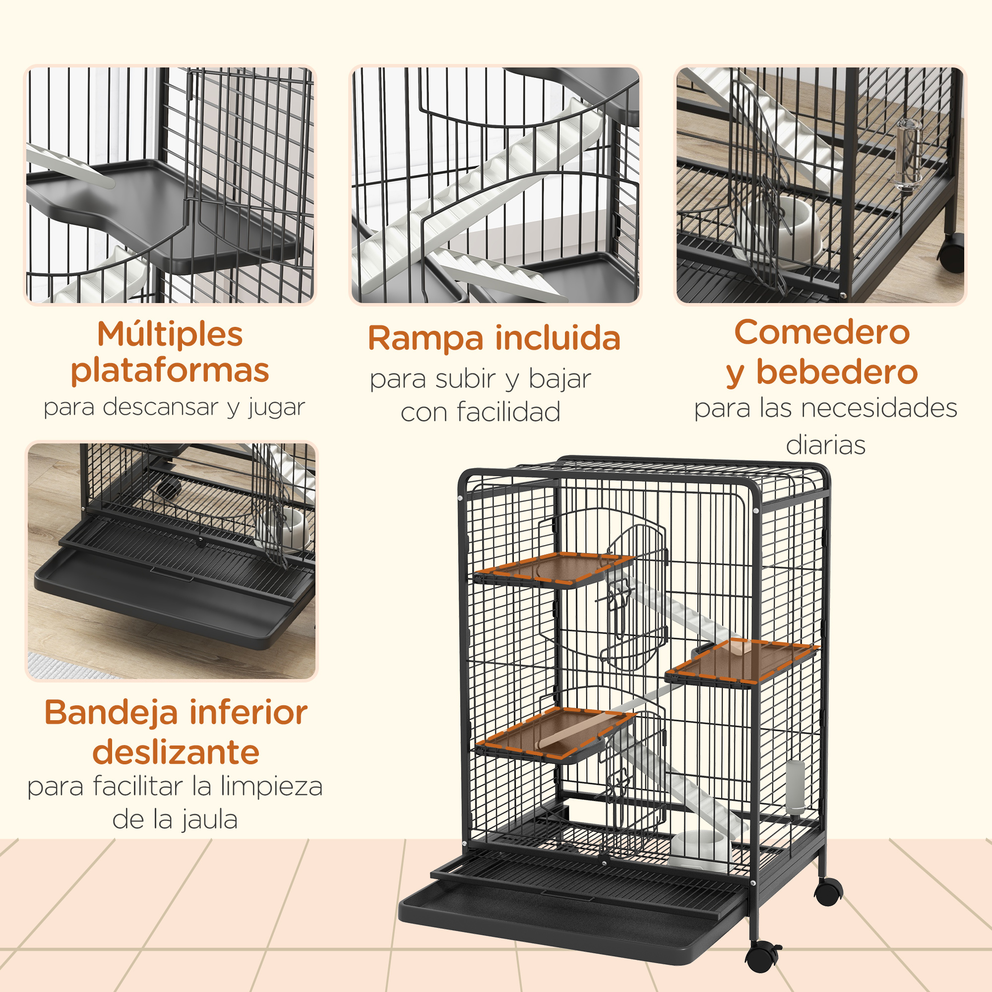 Jaula para gatos con múltiples plataformas, rampa y comederos/bebederos. Incluye bandeja inferior deslizante y ruedas.