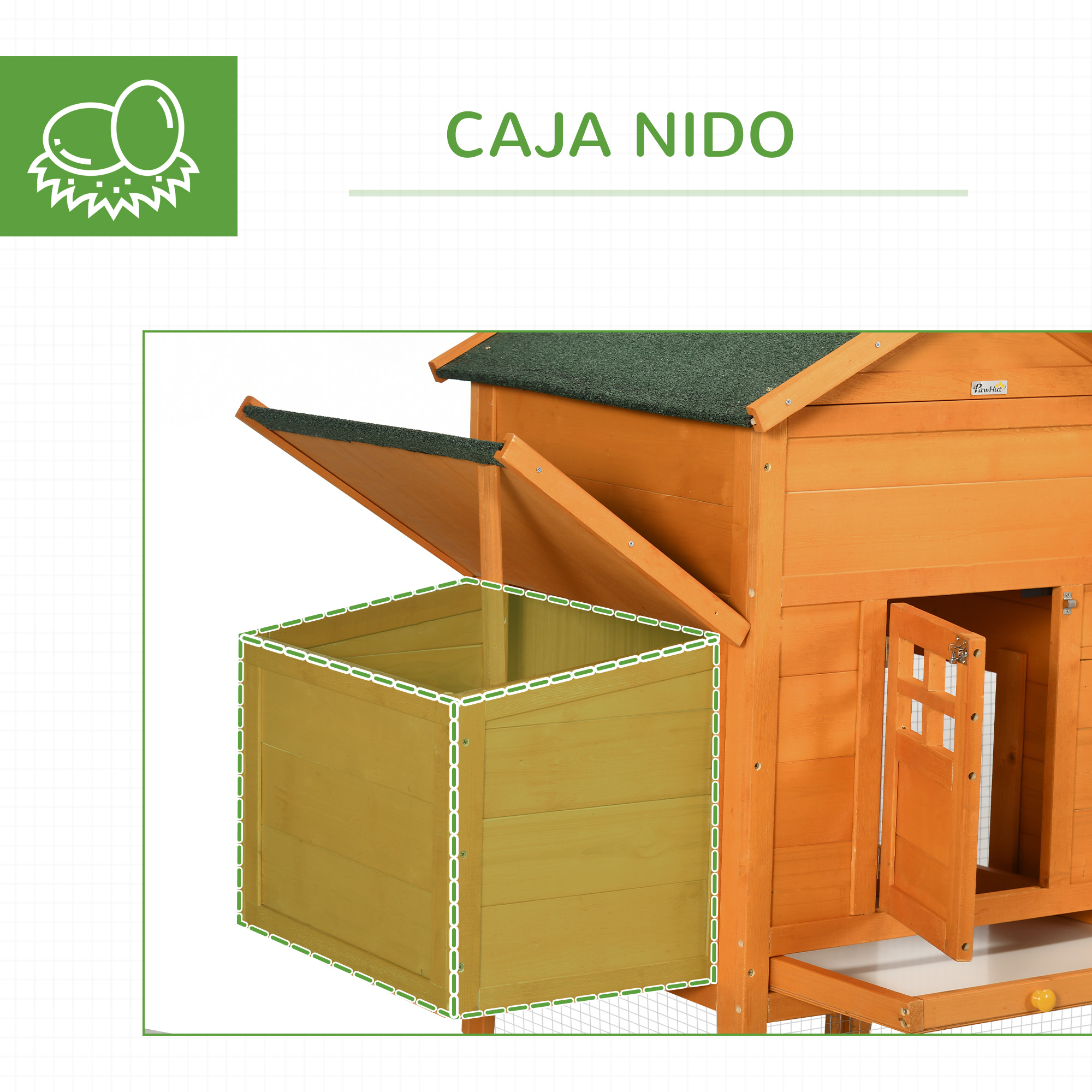 Un gallinero de madera con un nido, mostrando la puerta abierta y detalles del nido.