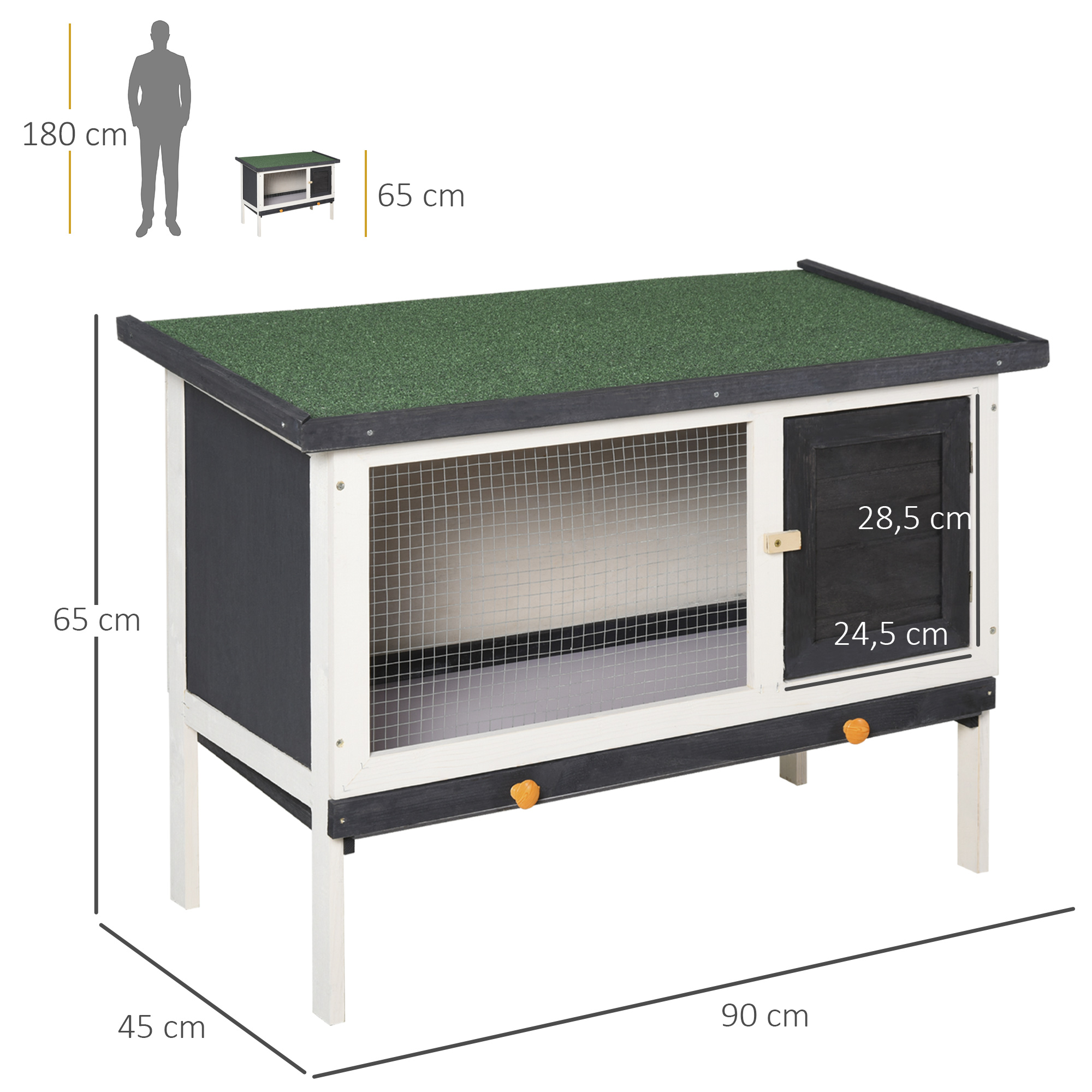 Conejera de madera con techo verde, dimensiones y silueta de persona.