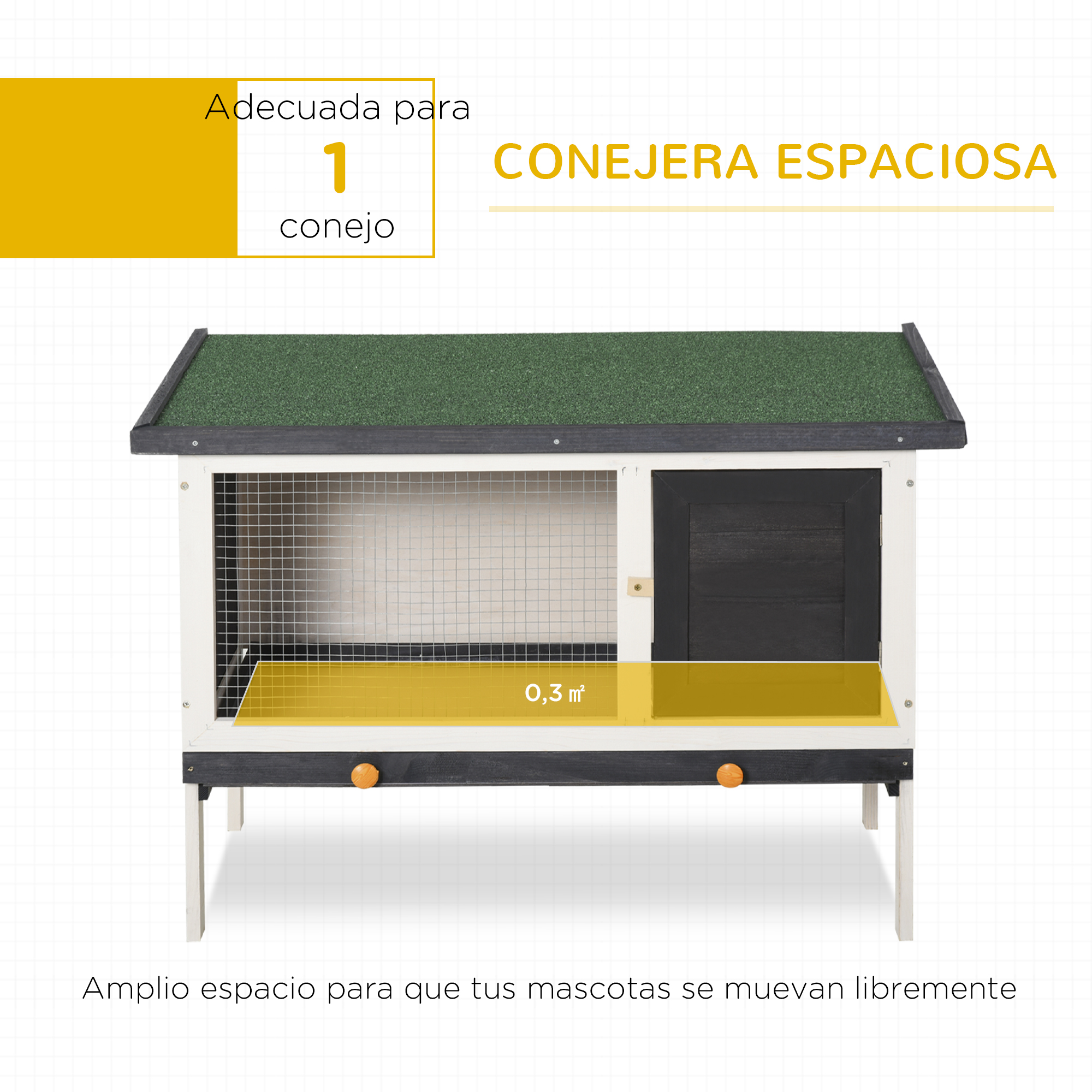 Conejera espaciosa. Blanco y negro con techo verde, texto: 'conejera espaciosa'.