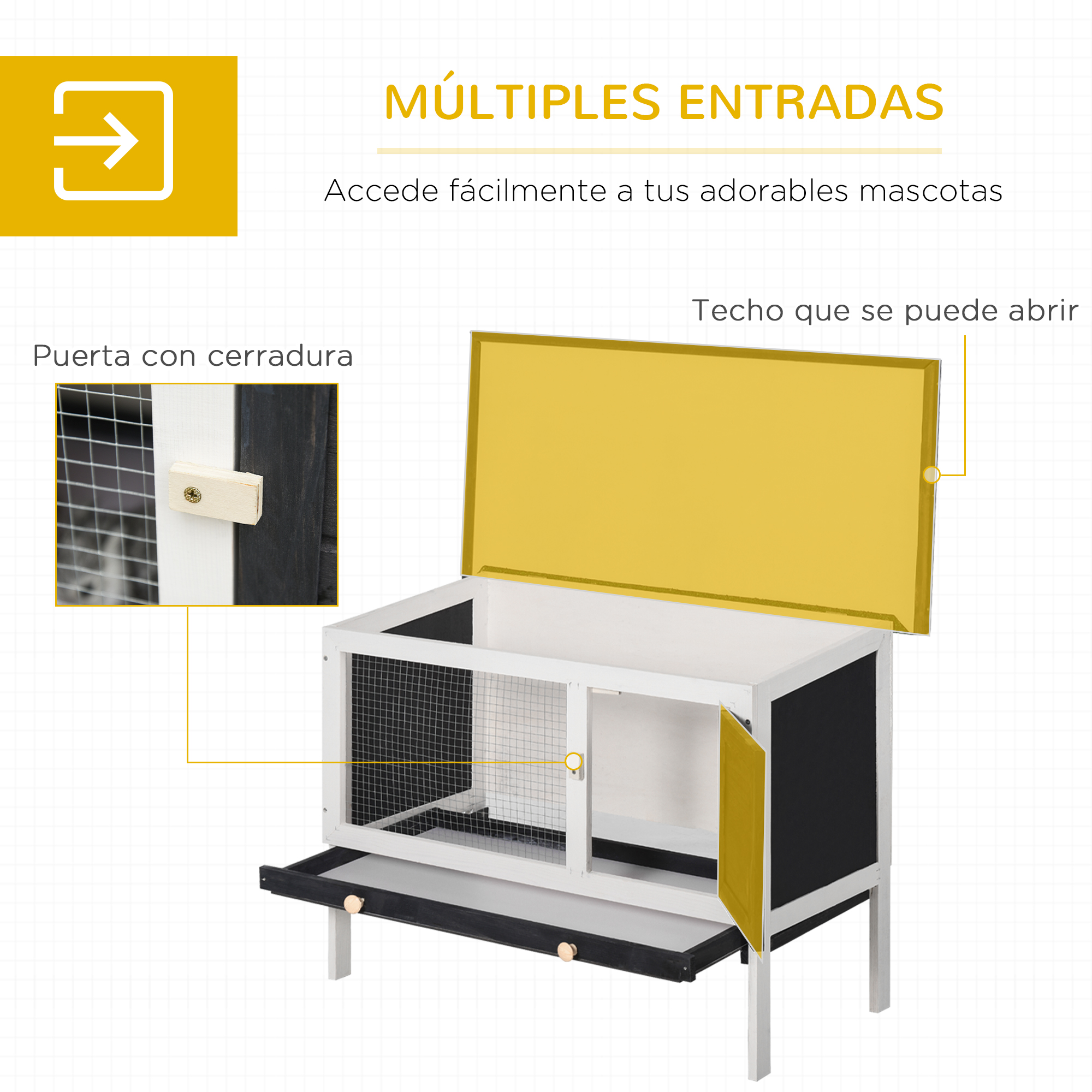 Una casa para mascotas con múltiples entradas, una puerta y un techo que se puede abrir, con un cajón.