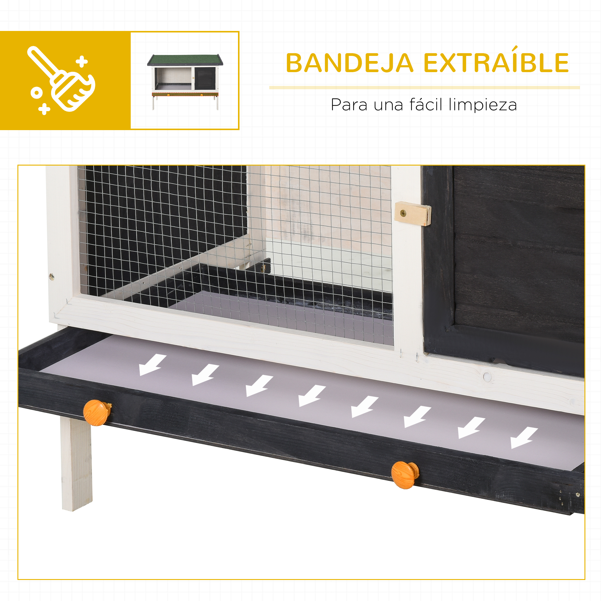 Un gallinero con una bandeja extraíble para facilitar la limpieza. Las flechas señalan la dirección de la bandeja.