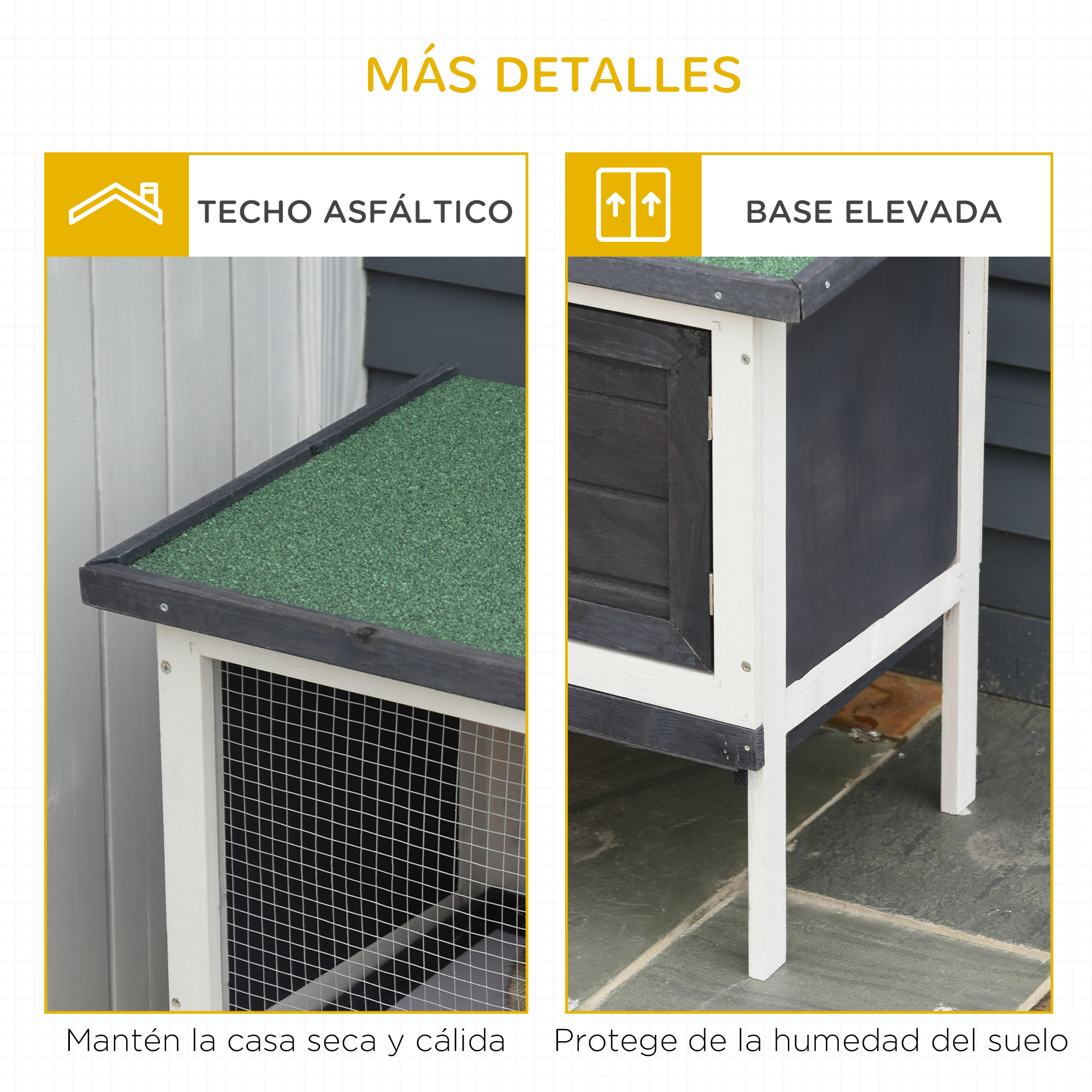 Una casa de mascotas de madera con techo de asfalto y base elevada, que protege de la humedad del suelo.