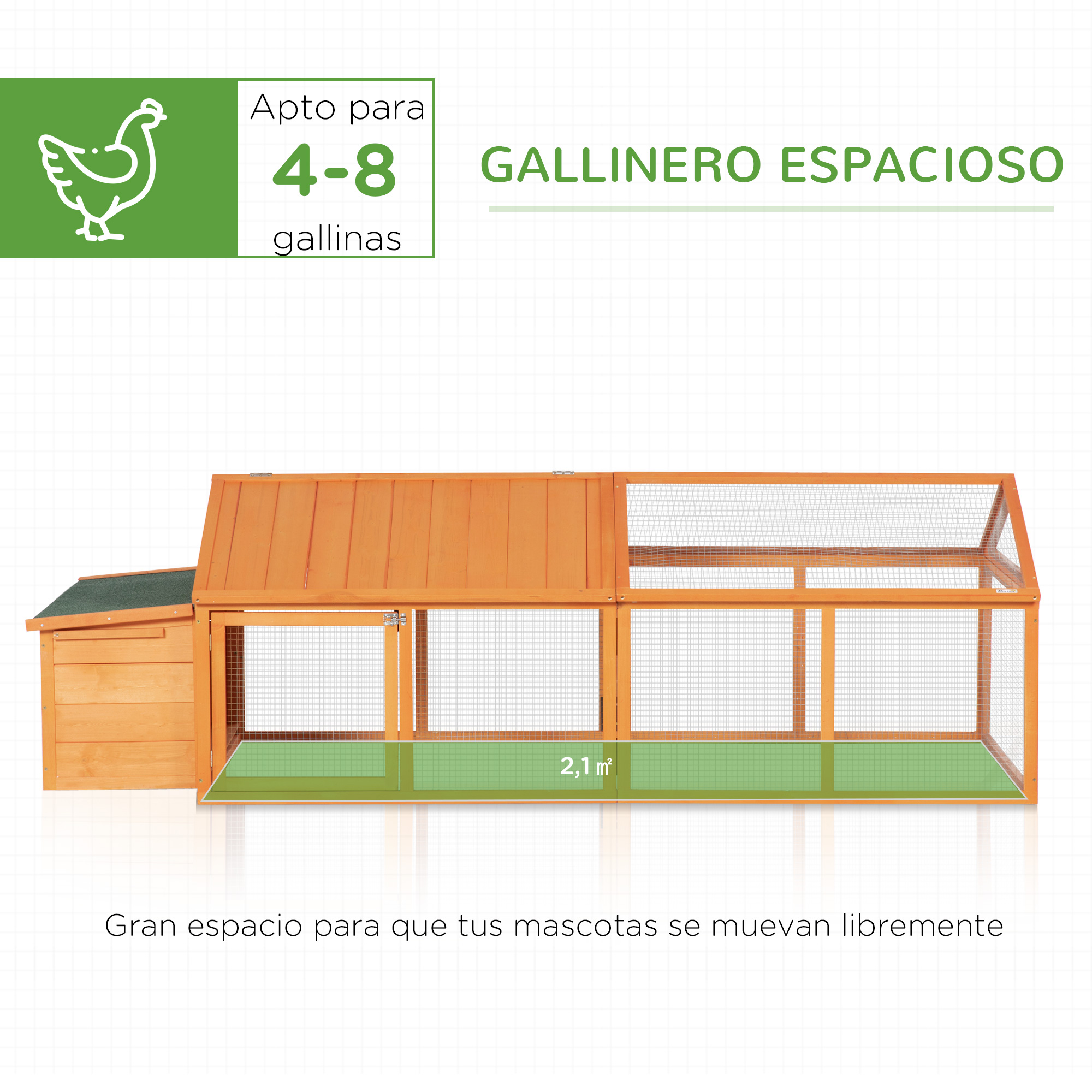 Gallinero con una casa de madera y zona de césped, con el texto en español.