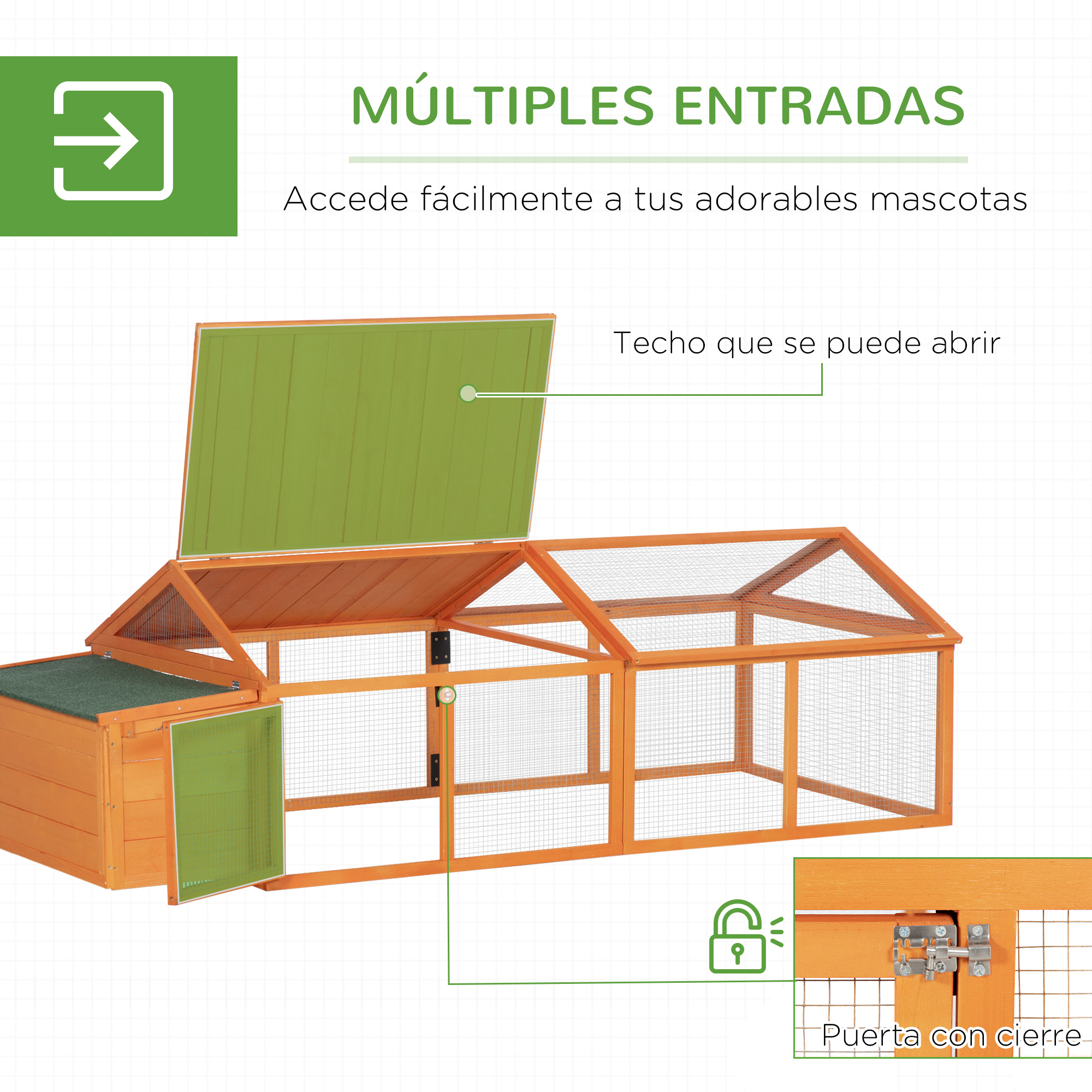 Casa de mascotas de madera con múltiples entradas, techo que se abre y puerta con cerradura.