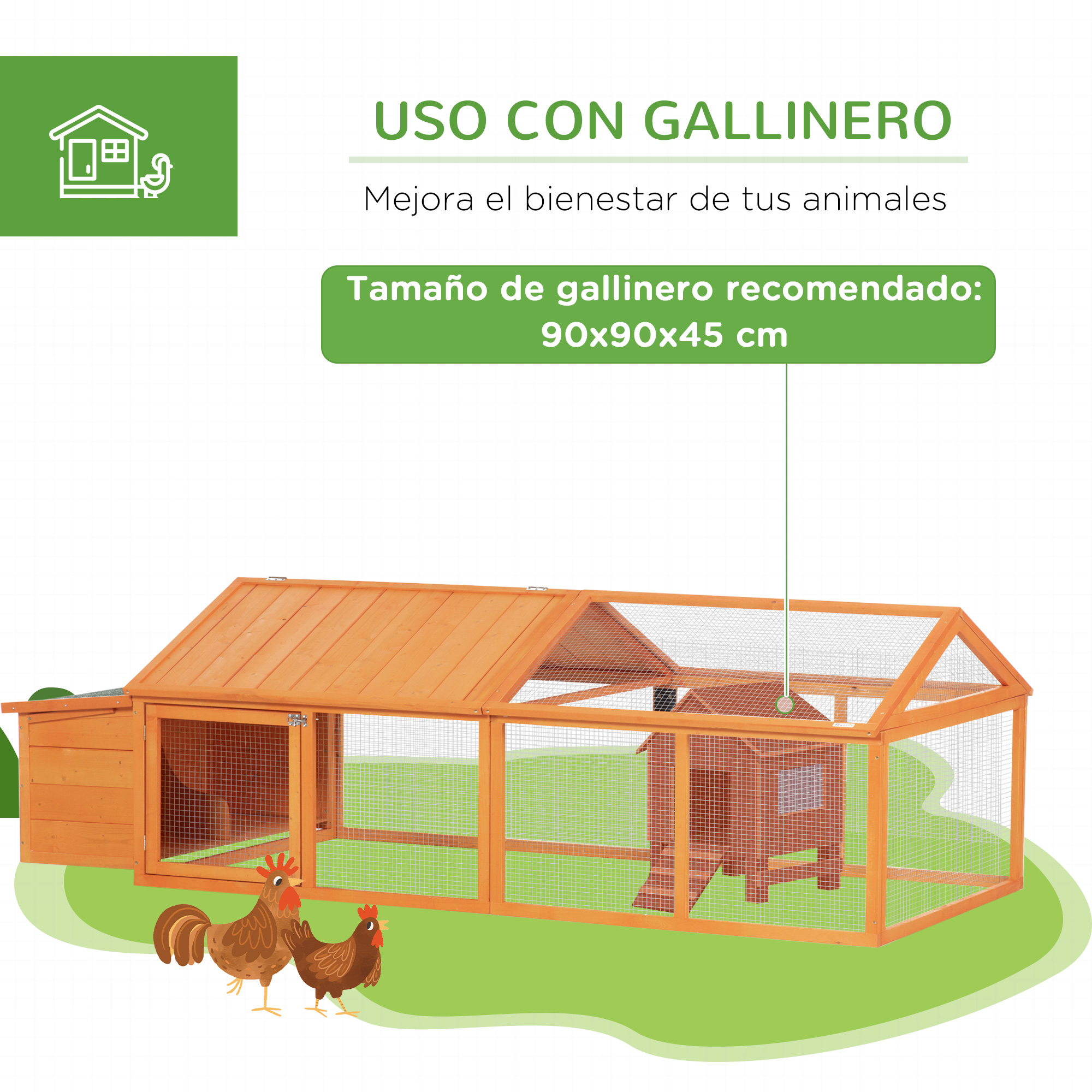 Gallinero de madera con dos gallinas delante. Texto: Usar con gallinero. Mejora el bienestar animal.