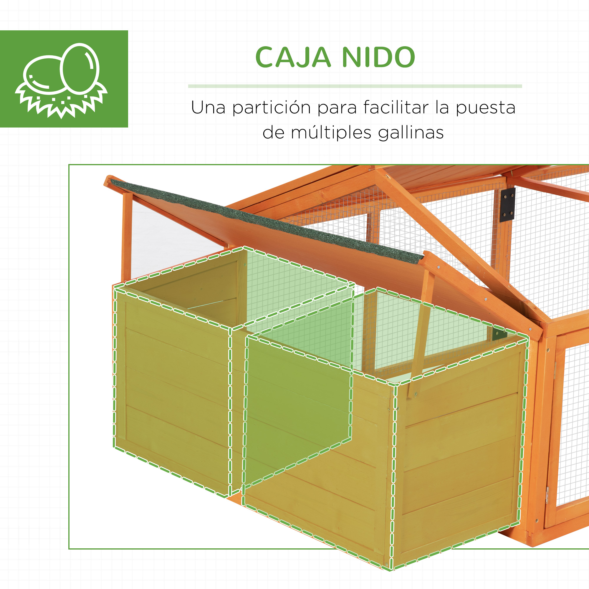 Una caja nido para gallinas con dos secciones. El texto indica que ayuda a la puesta de huevos.