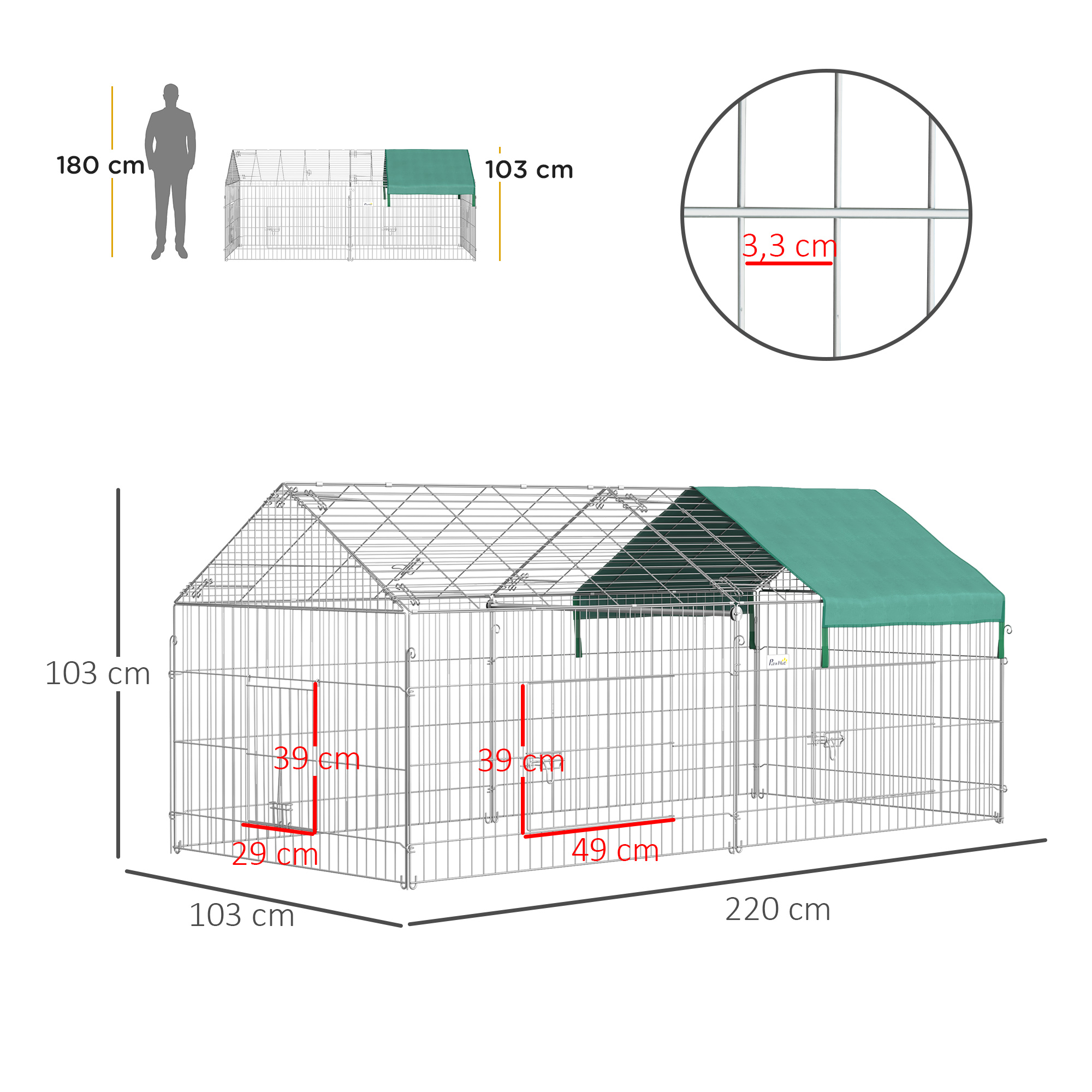 Una casa para perros grande de metal con dimensiones. La casa tiene un techo verde y una puerta.