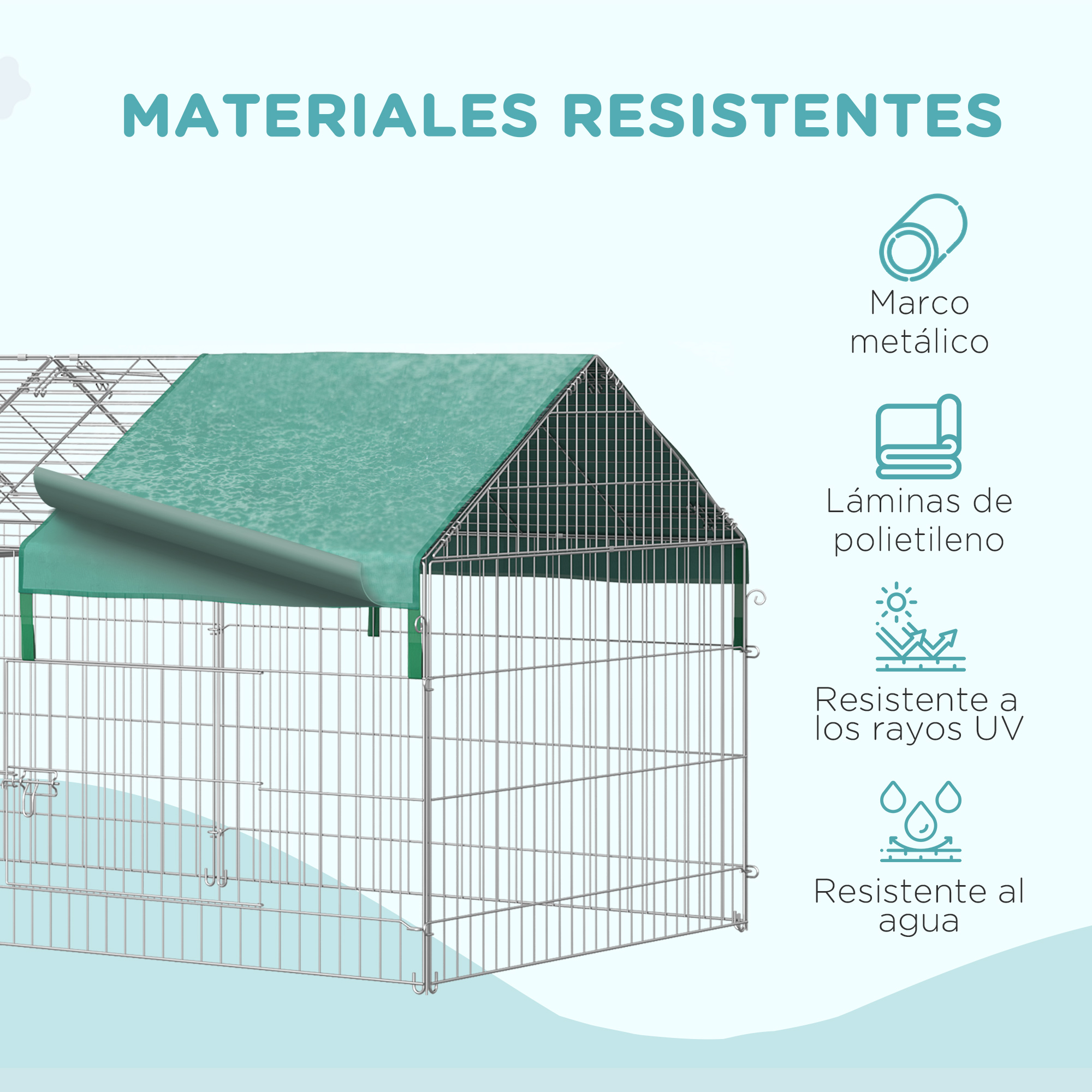 Una perrera con techo verde y estructura de alambre. Está hecha de metal y polietileno. Resiste los rayos UV y el agua.