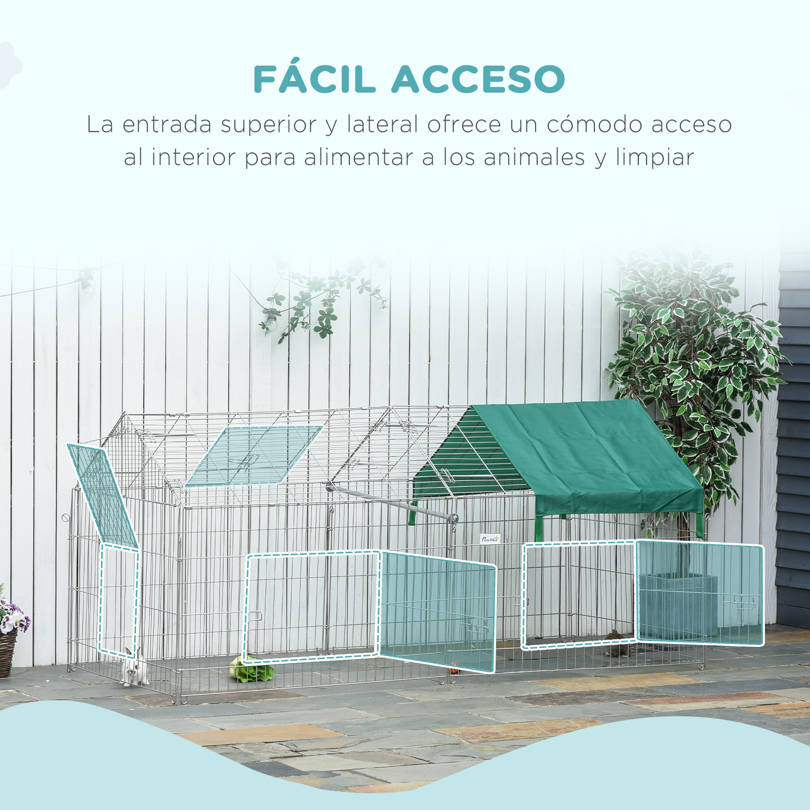 Un corral para perros con múltiples puntos de acceso. Un perro está en el corral. Una casa está en el fondo.