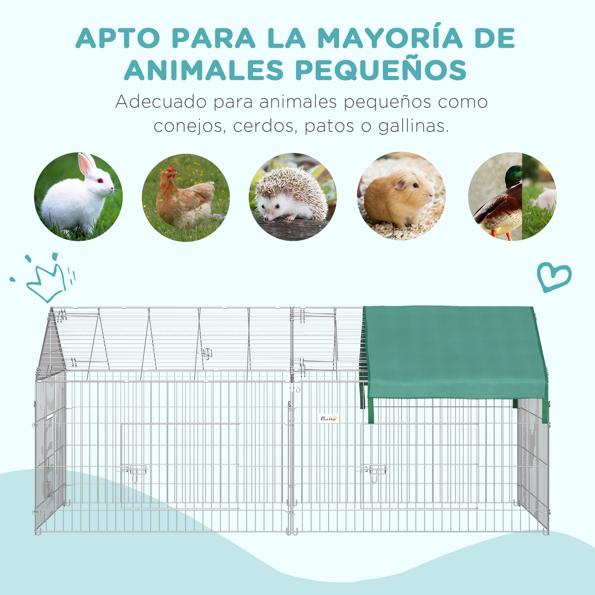 Un corral para perros con techo verde. Se muestran imágenes de un conejo, una gallina, un erizo, un conejillo de indias y un pato.