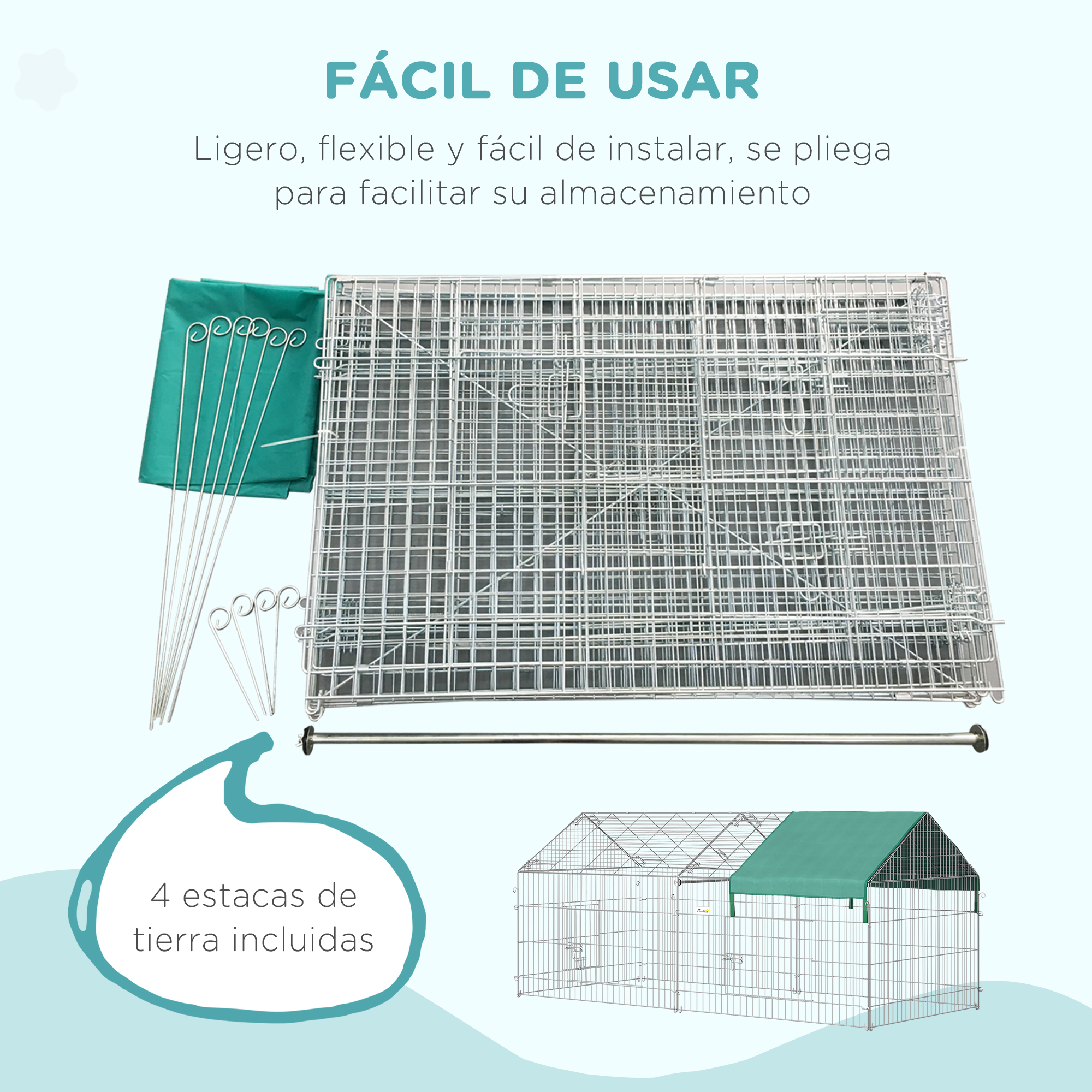 Jaula con cubierta de lona verde y estacas, desmontada. Fácil de usar y almacenar.