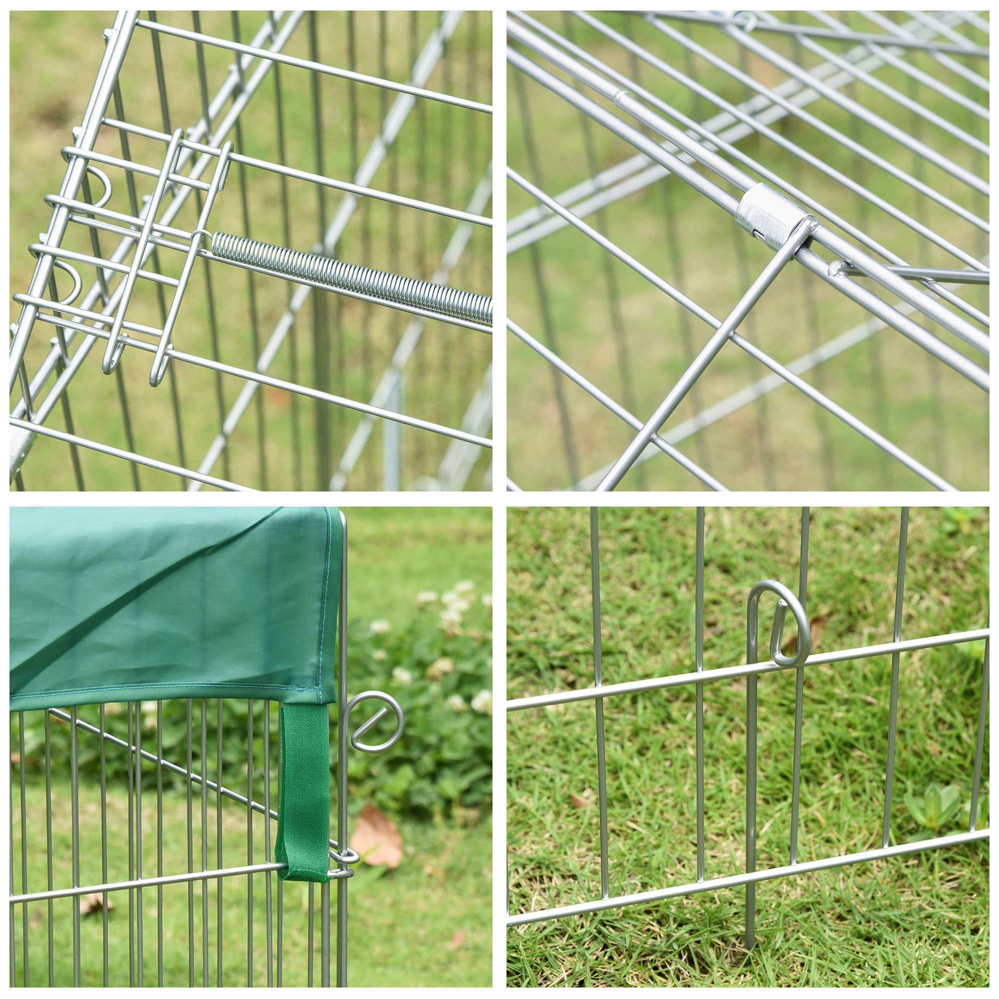 Primeros planos de un corral metálico para mascotas. Detalles incluyen un resorte, bisagras y una cubierta verde.