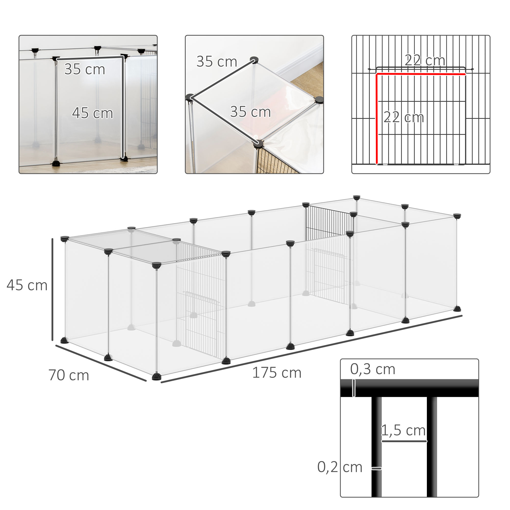 Un parque modular para mascotas con dimensiones etiquetadas. Tiene un diseño de múltiples paneles con una jaula.