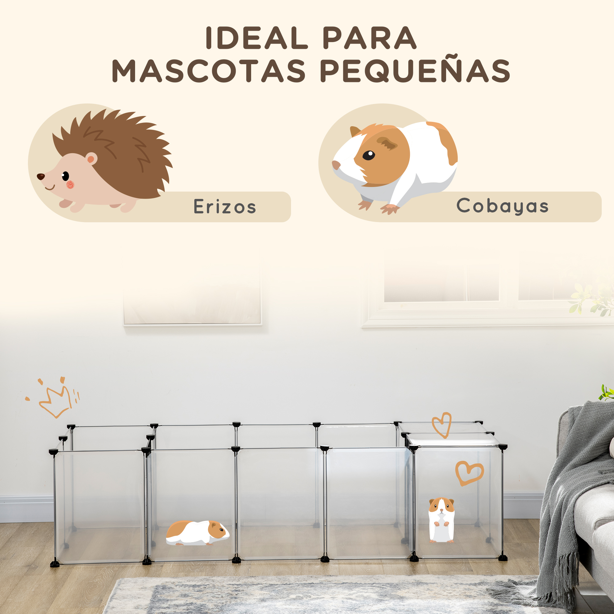 Recintos para mascotas pequeñas, con un conejillo de indias en uno. Texto: ideal para mascotas pequeñas. Fondo: sofá y alfombra.