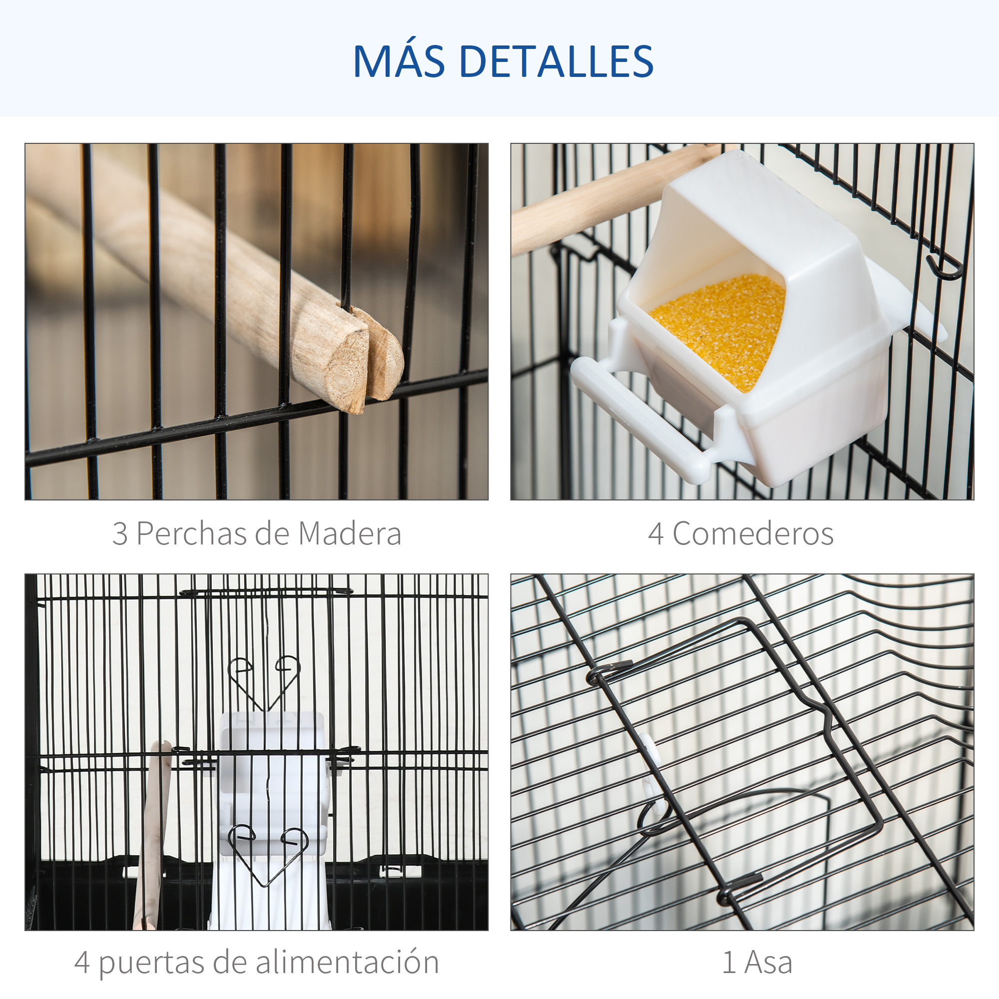 Primer plano de una jaula para pájaros con detalles: perchas de madera, comederos, puertas de alimentación y un asa.