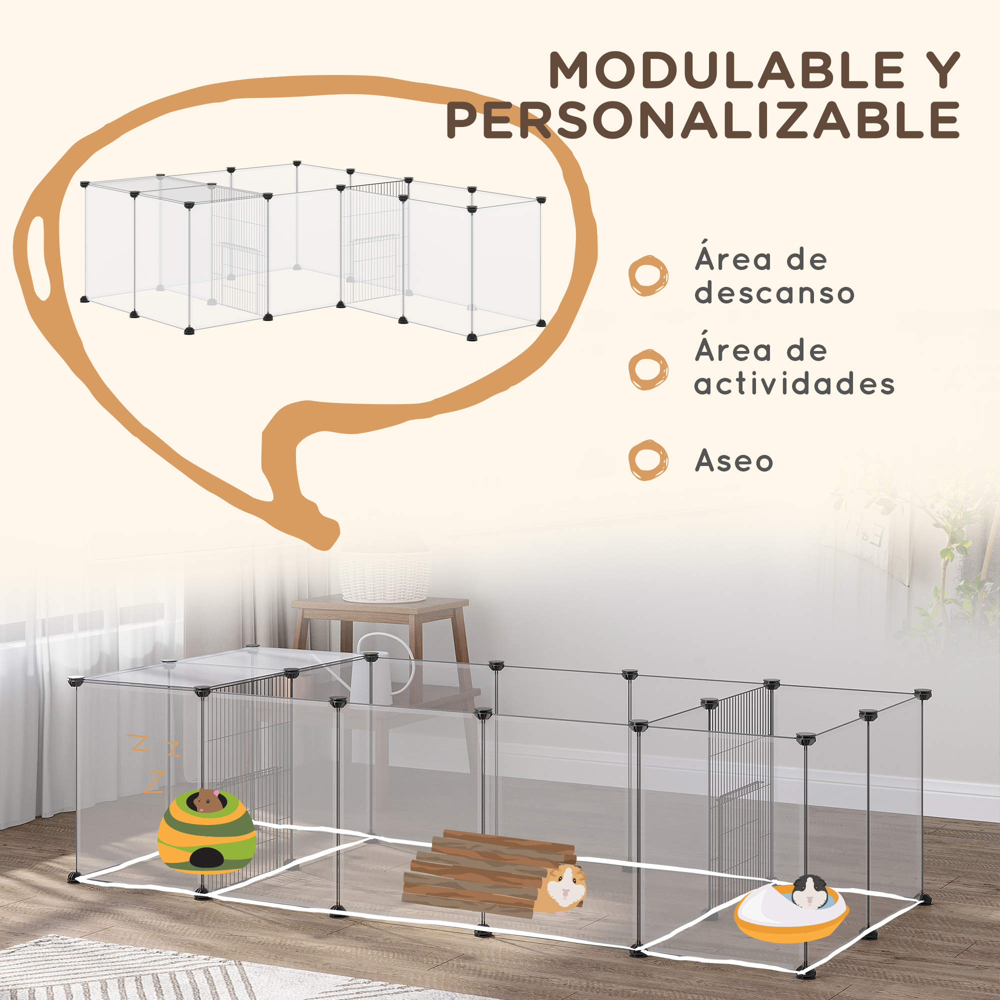 Una jaula para hámsteres con múltiples secciones. La jaula incluye una zona de descanso, una zona de actividades y una zona de aseo.