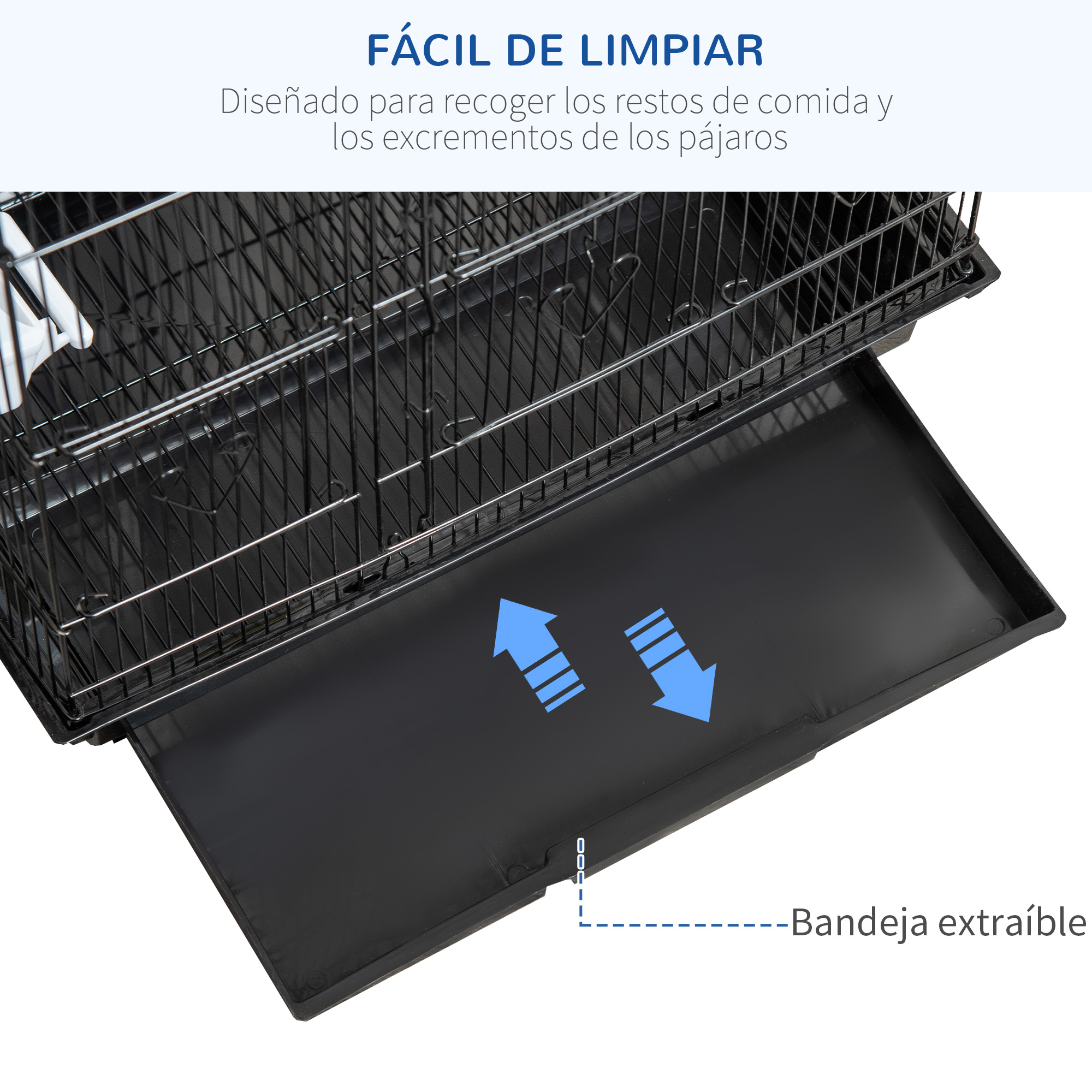 Jaula negra para pájaros con bandeja extraíble para facilitar la limpieza.