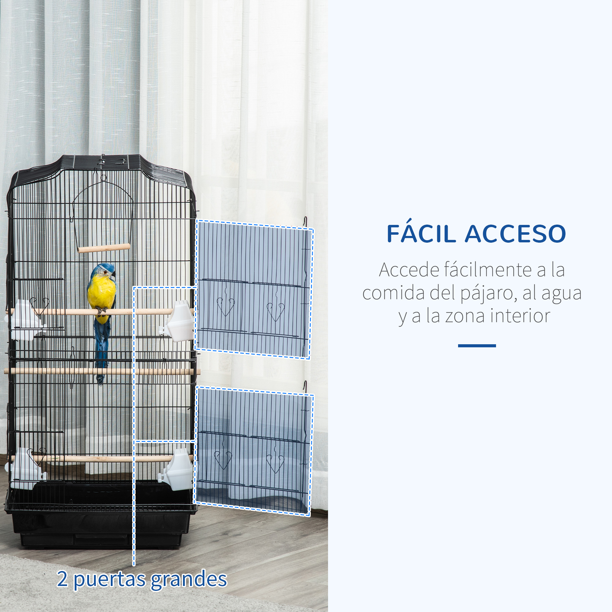 Una jaula negra para pájaros con un pájaro amarillo y azul. Dos puertas para fácil acceso.