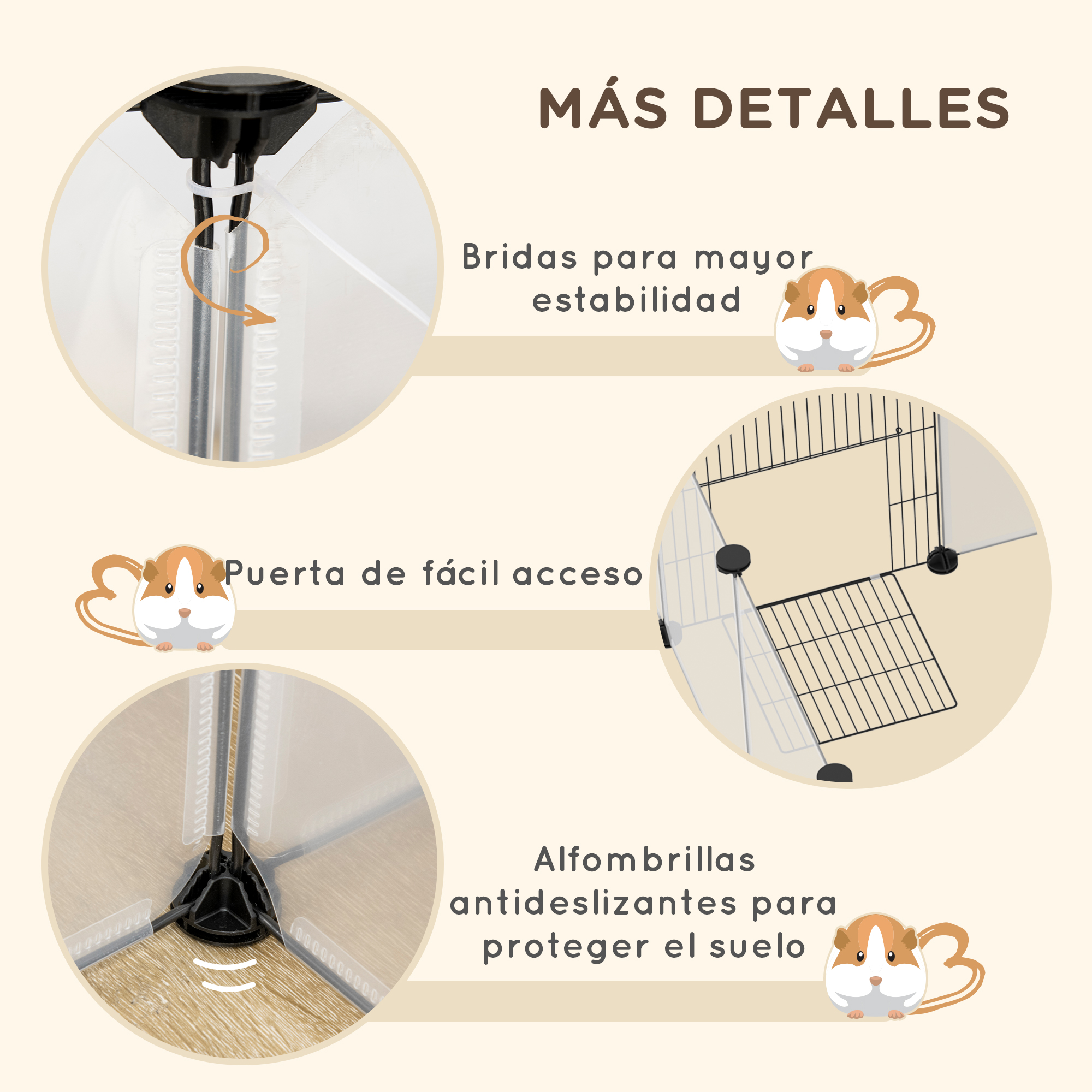 Detalles de una jaula para hámster, incluyendo puerta, alfombrillas antideslizantes y características de estabilidad.