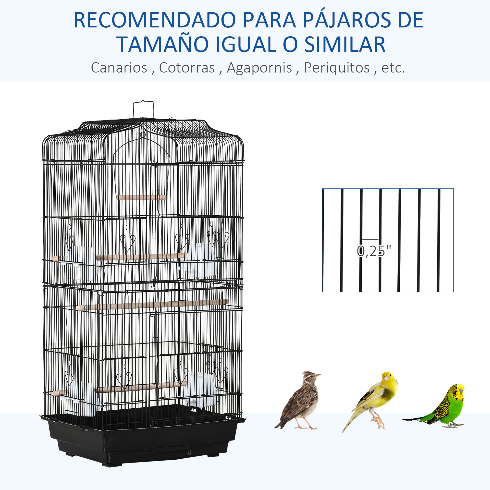 Una jaula para pájaros con pájaros y un diagrama del espaciado de las barras.