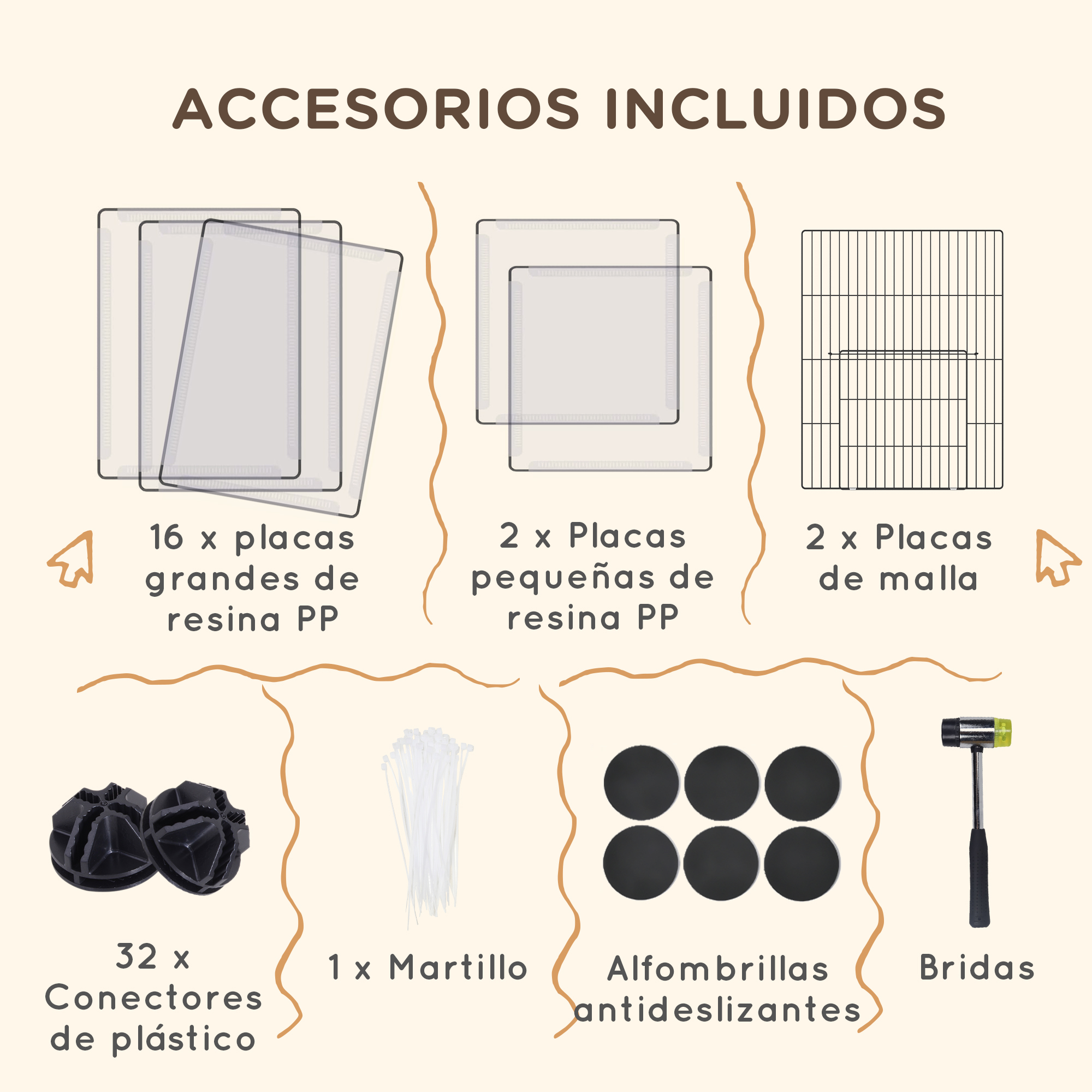 Accesorios incluidos: conectores de plástico, alfombrillas antideslizantes, un martillo y paneles de malla.