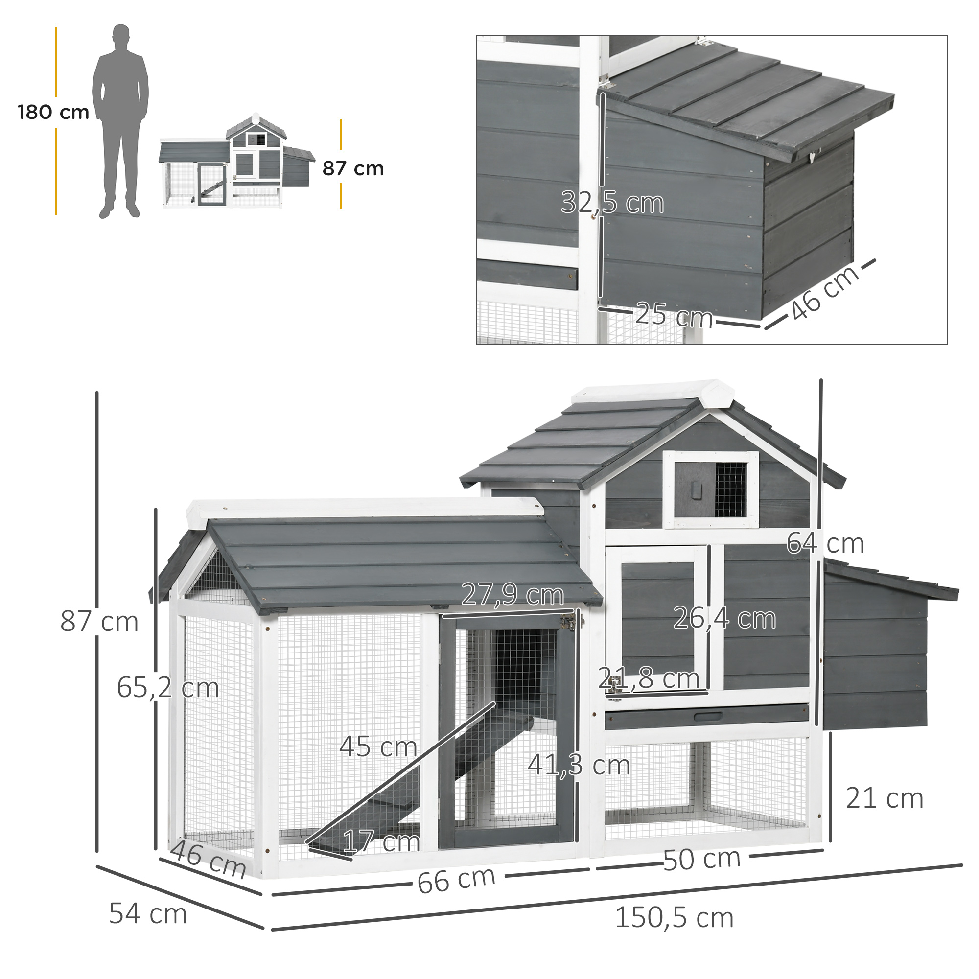Una casa para mascotas gris y blanca con dimensiones. Incluye un área de jaula y una sección de casa protegida.