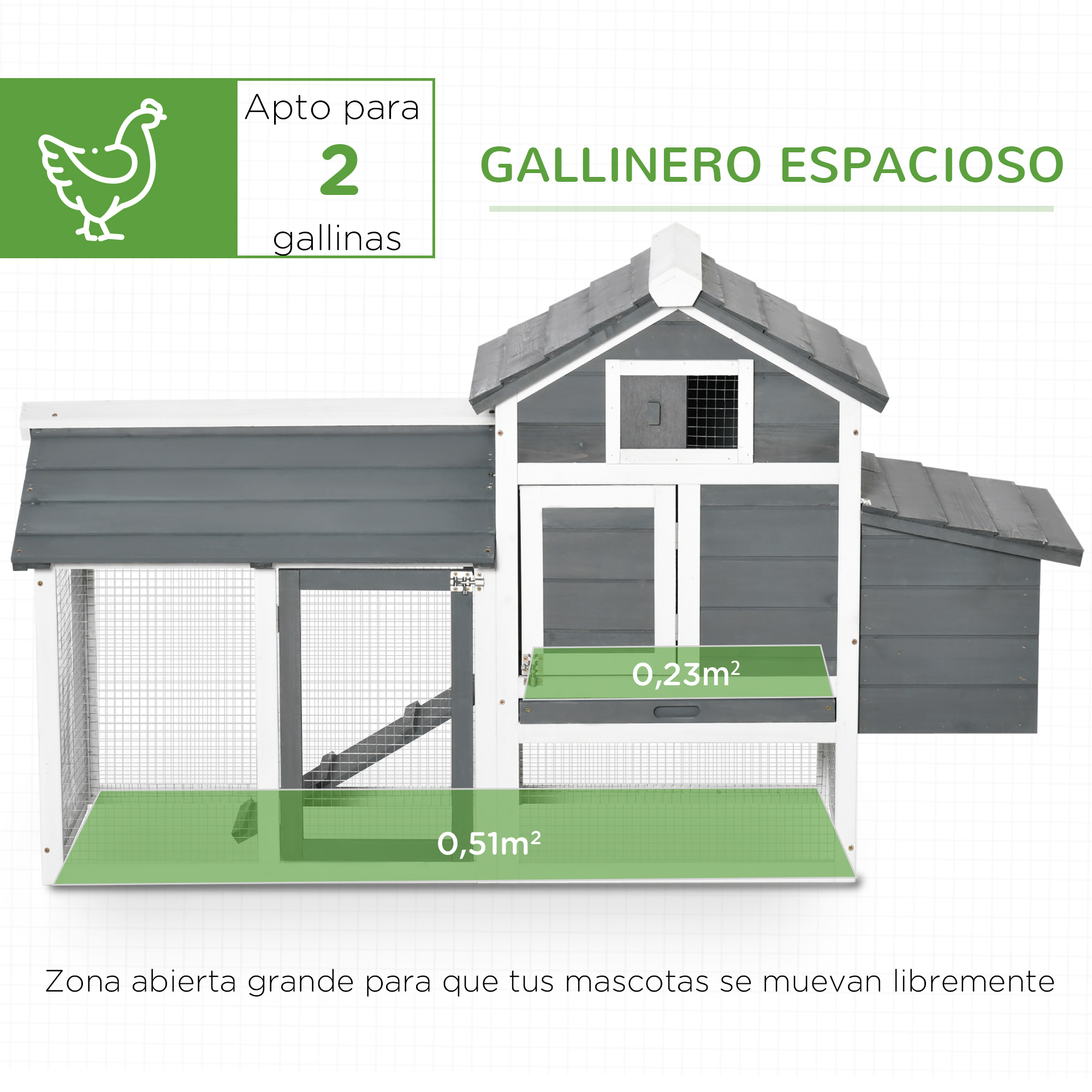 Gallinero de madera gris con suelo verde, etiquetado para dos gallinas.