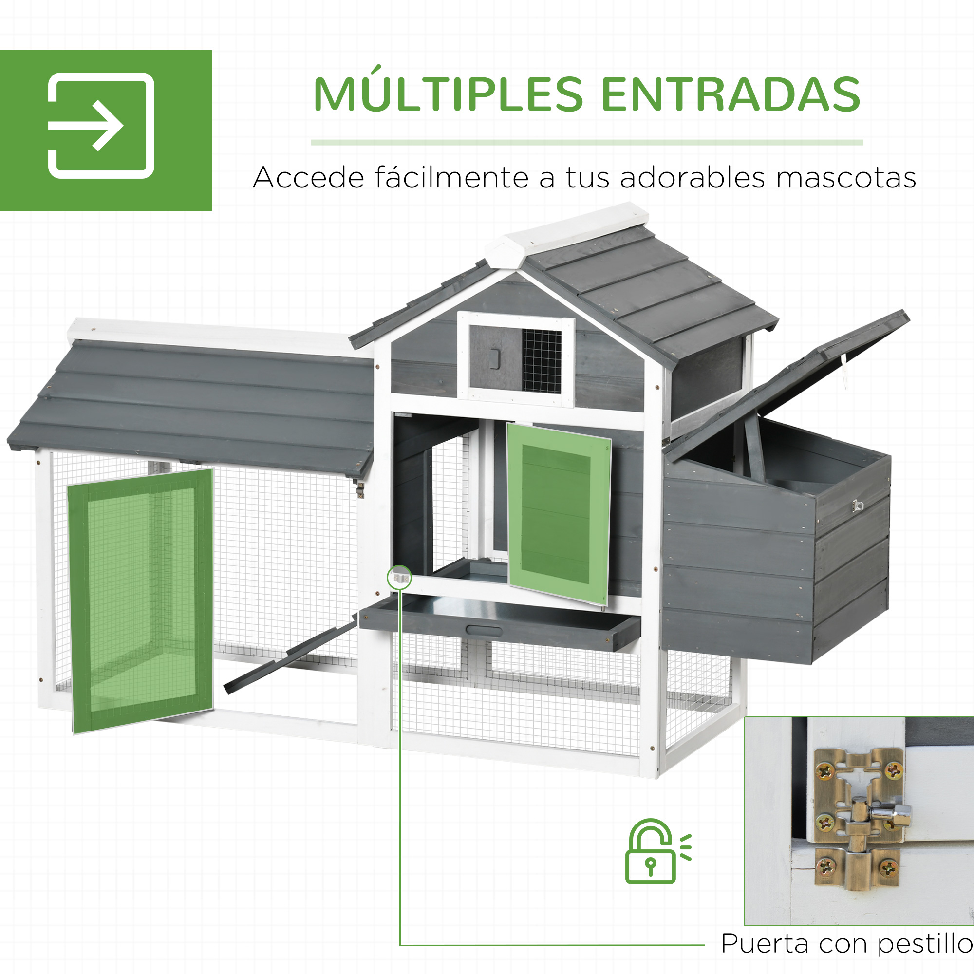 Gallinero de madera con múltiples entradas. El texto dice múltiples entradas y fácil acceso.