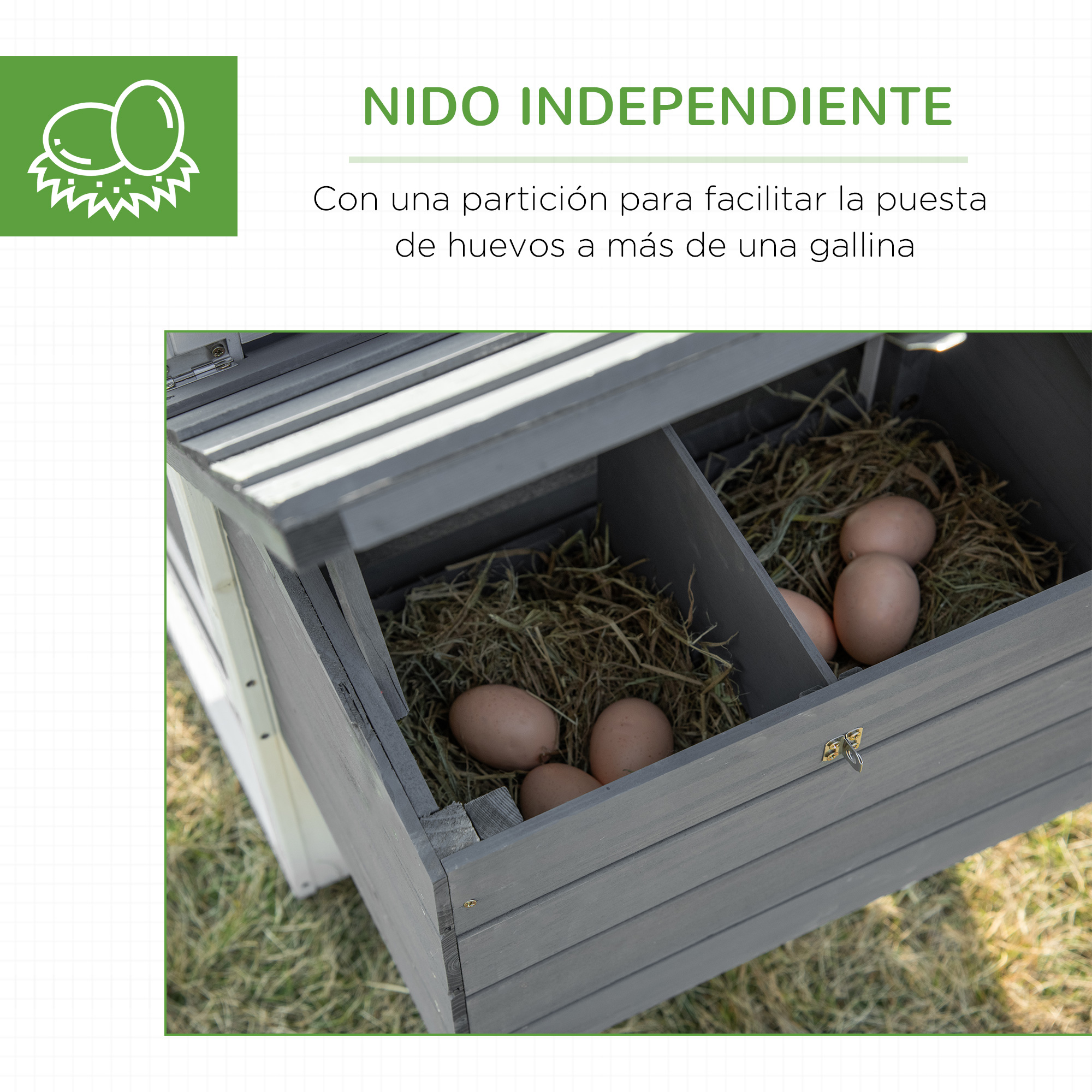 Gallinero de madera con varios huevos en el interior. Tiene un exterior gris y hierba en el fondo.