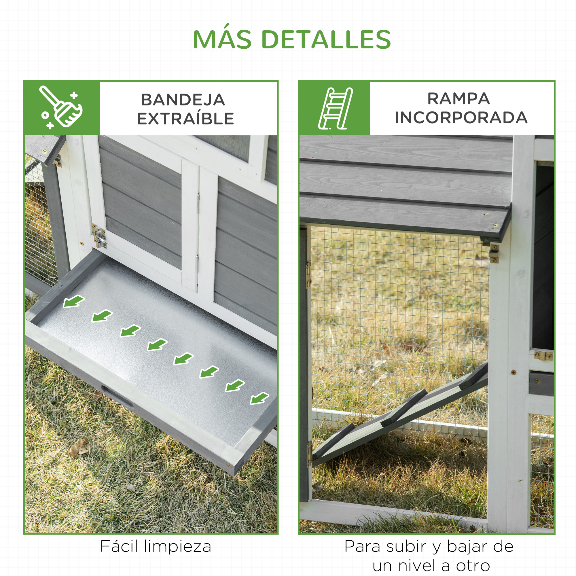 Primer plano de detalle de gallinero con bandeja extraíble y rampa para facilitar limpieza y acceso.