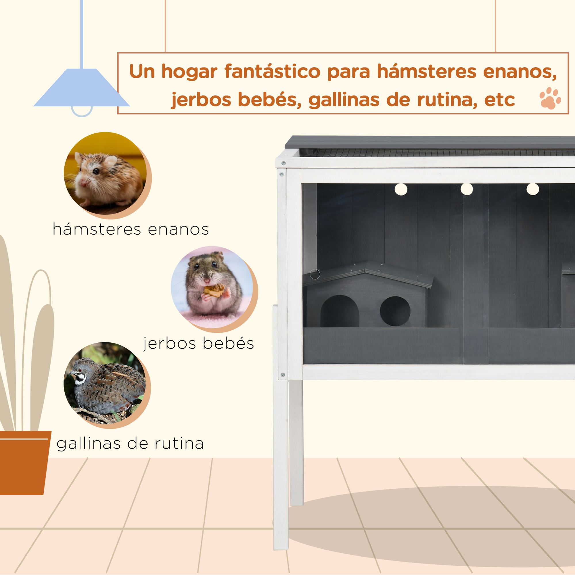 Casa para animales pequeños blanca y gris. Muestra hámsteres y jerbos como residentes.