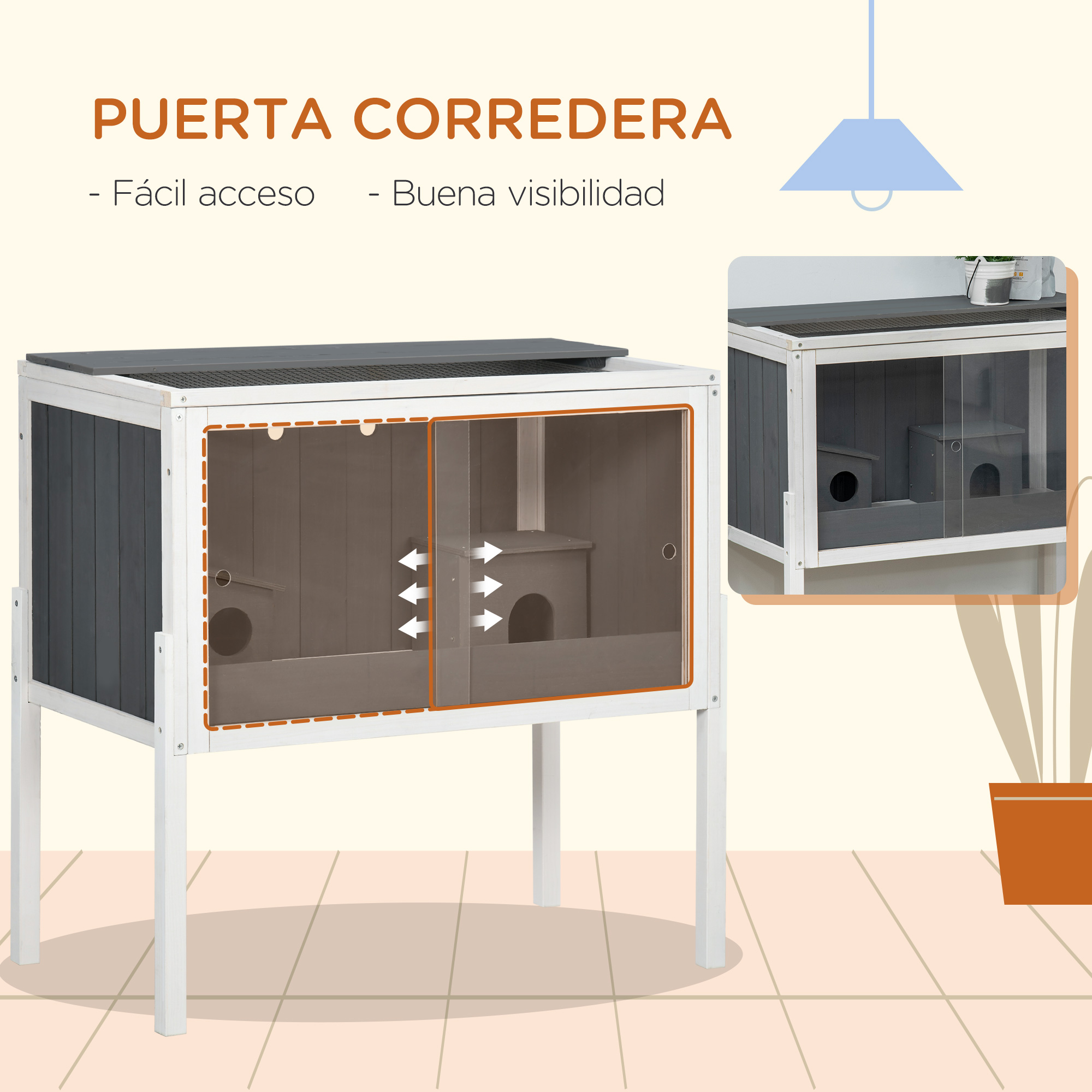 Casa para gatos con puertas correderas. La casa es blanca y gris con una vista insertada.