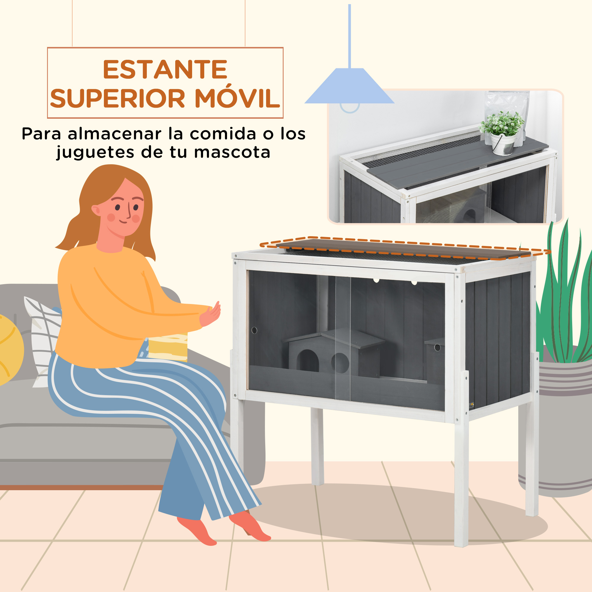 Mujer cerca de una jaula para mascotas. La jaula tiene un estante superior.