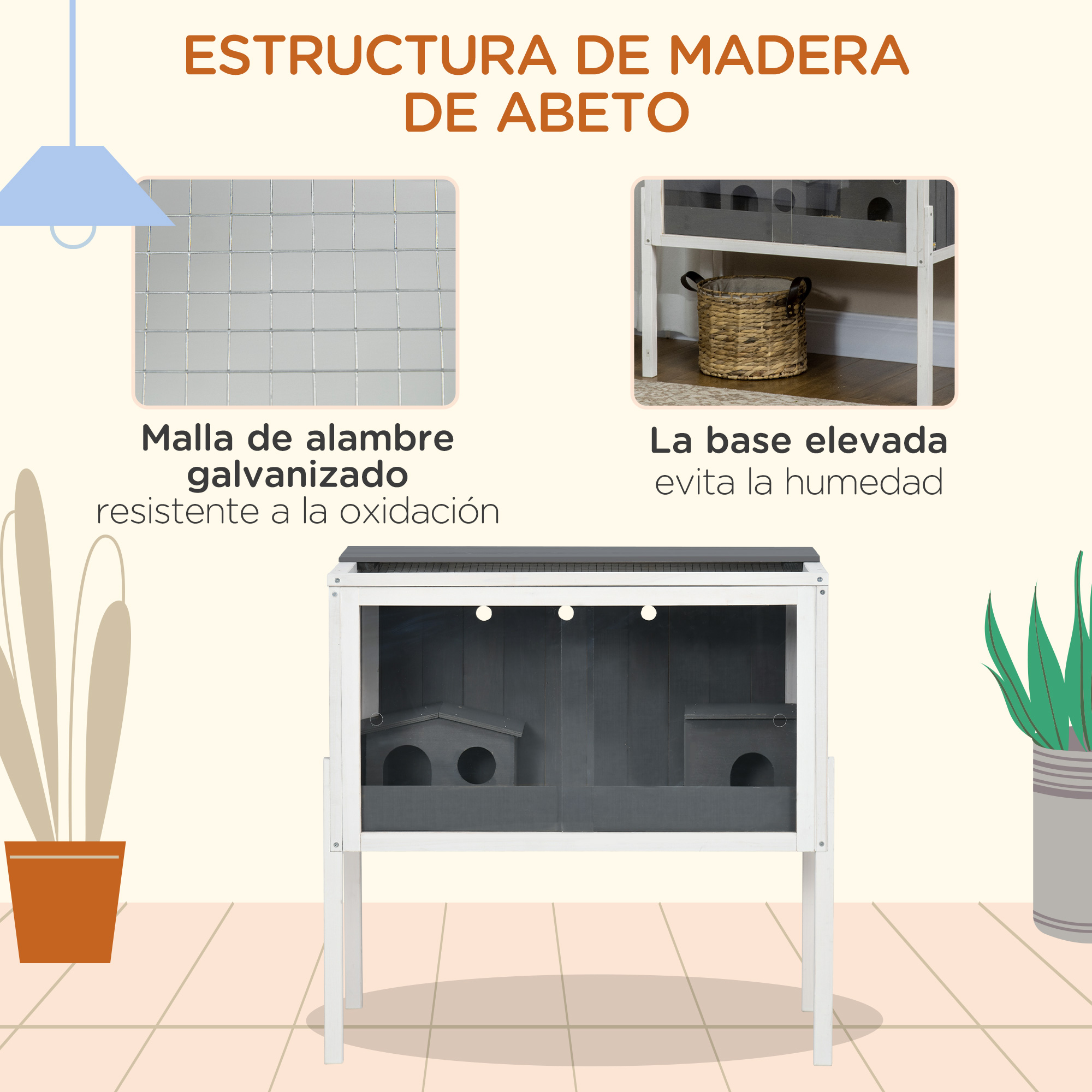 Recinto para mascotas de madera con malla metálica. Cuenta con base elevada y vista interior.