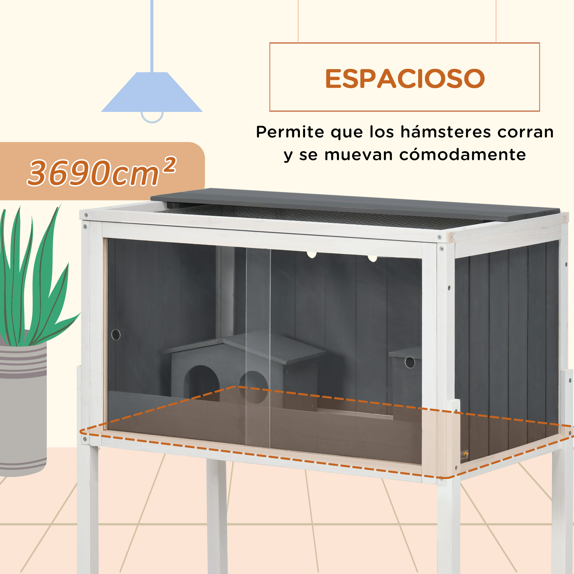 Una jaula para hámsteres con frente de cristal, mostrando detalles del espacio y sus dimensiones.
