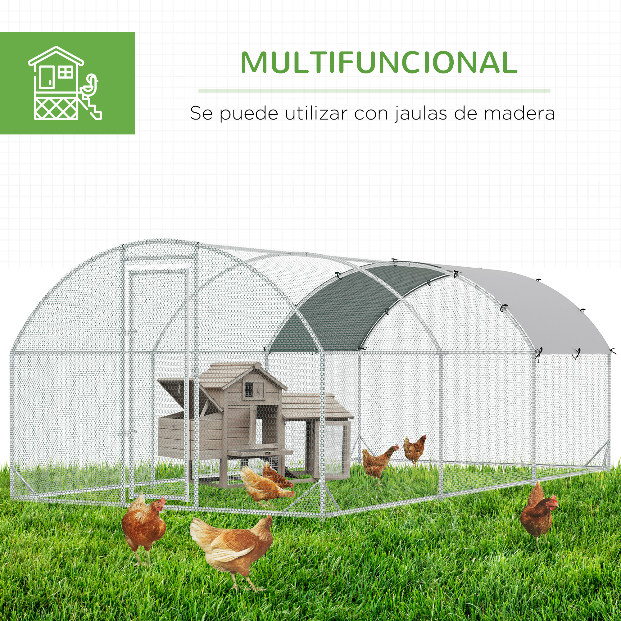Gallinero con gallinas sobre hierba verde. Tiene una casa de madera dentro.