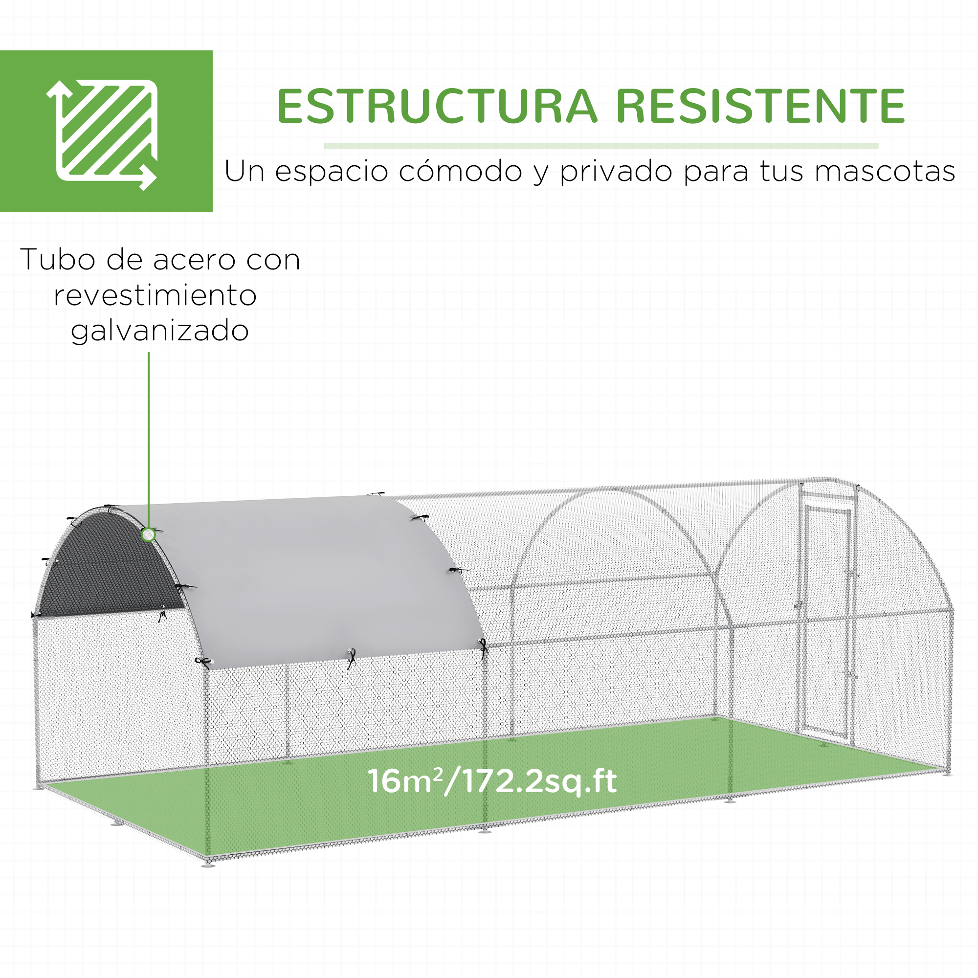 Una estructura de acero con techo, texto y césped.