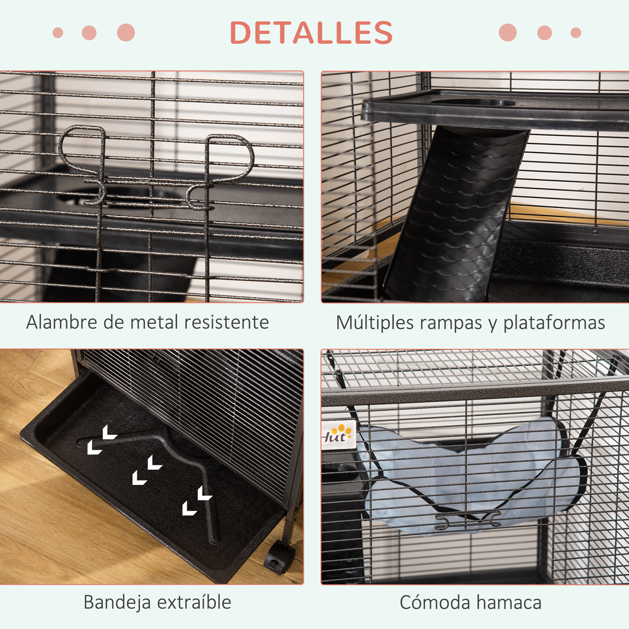 Jaula para hámsteres con barras metálicas, rampas y hamaca. Incluye una bandeja extraíble.