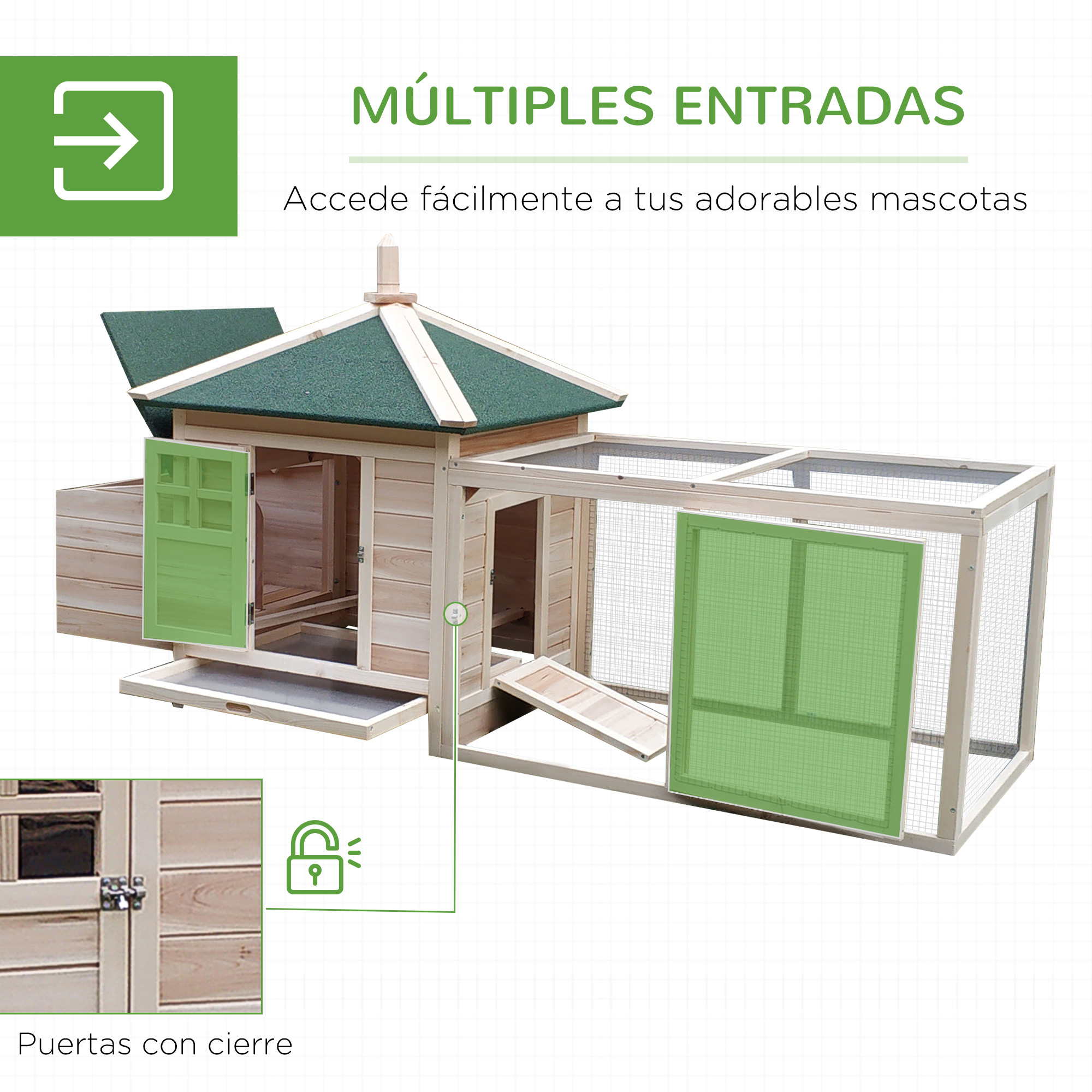 Casa de mascotas de madera con techo y puertas verdes. Icono de flecha verde arriba a la izquierda.