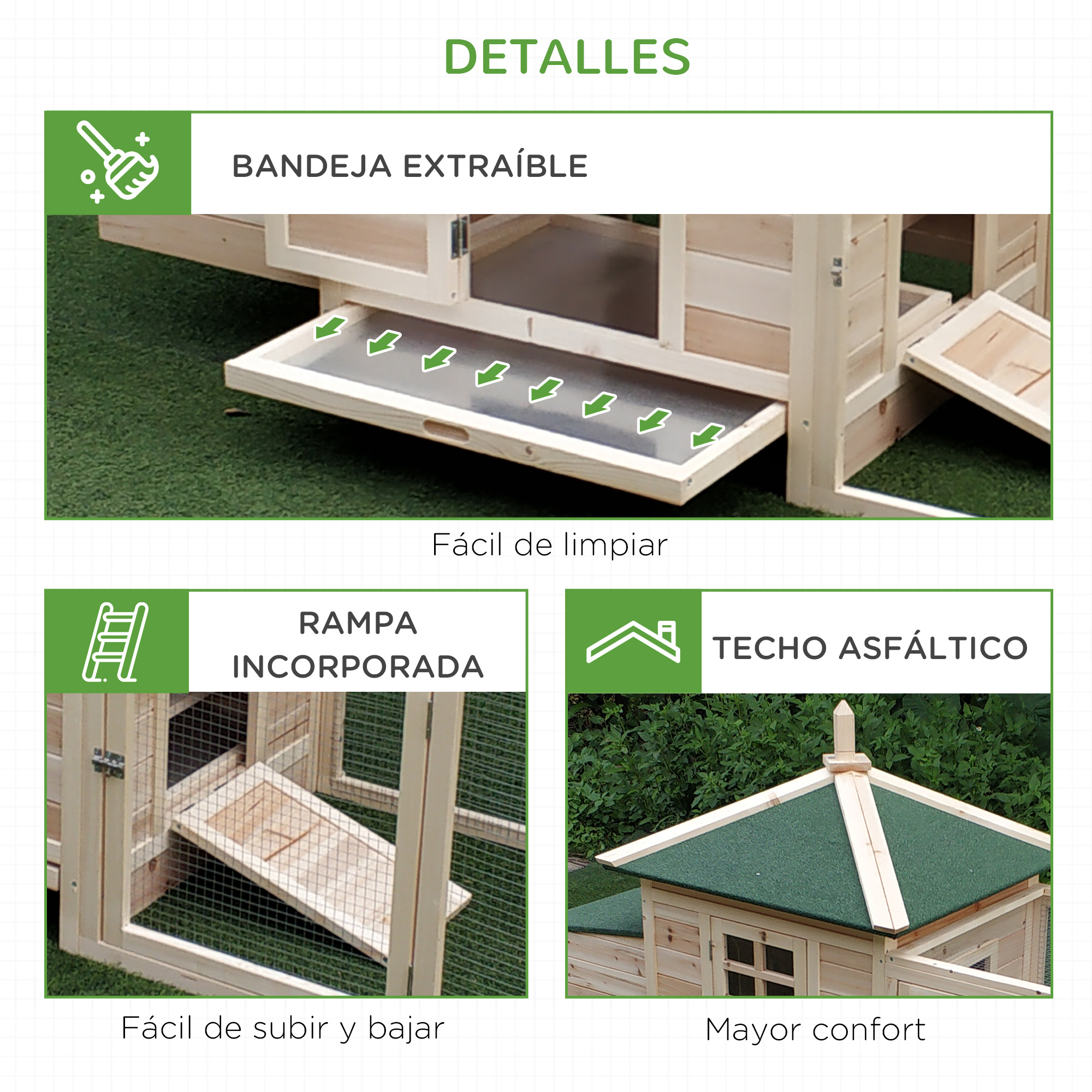 Detalles de una caseta para perros: bandeja extraíble, rampa y techo asfáltico.