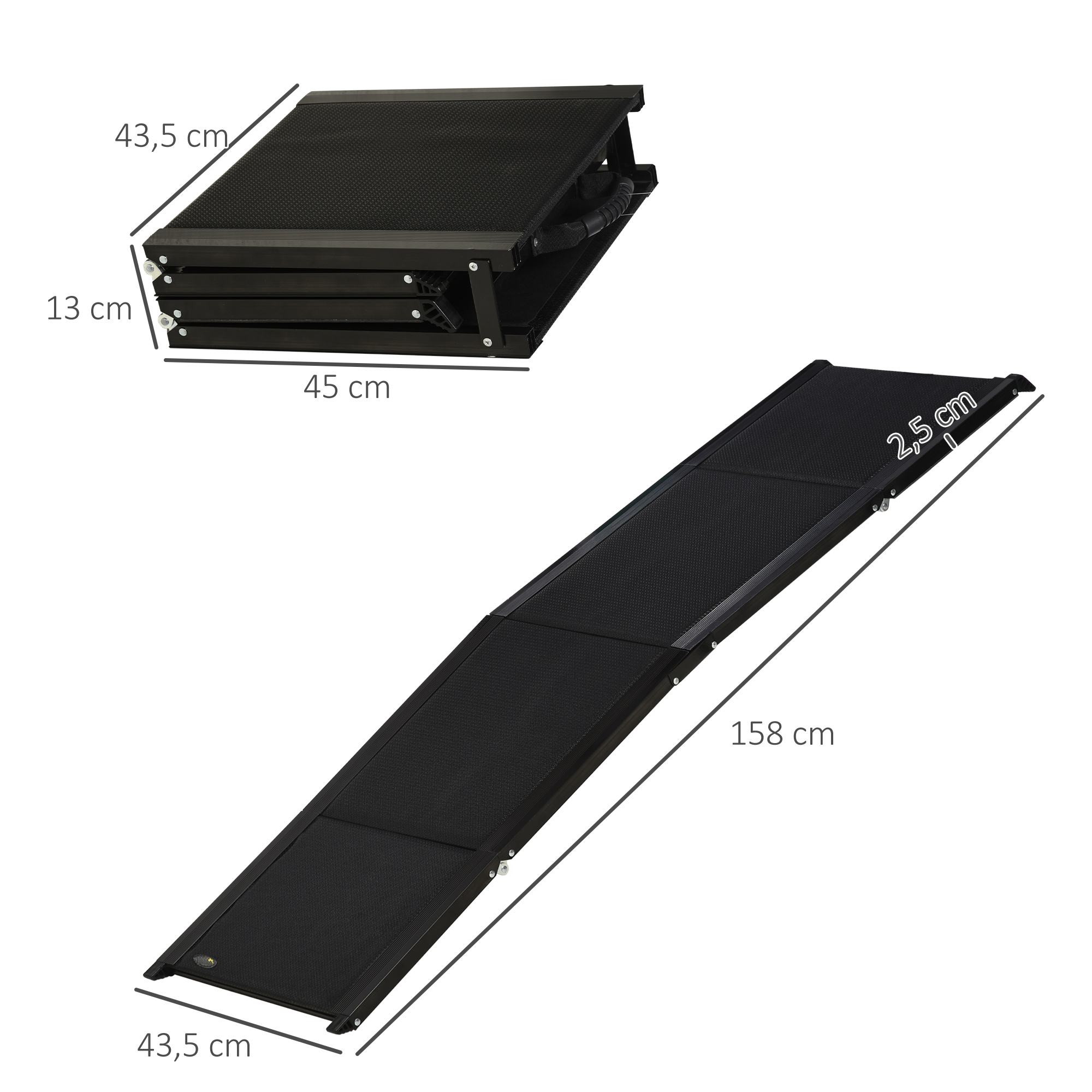 Rampa negra para mascotas, plegada y extendida. Se muestran las dimensiones. Hecha de metal.
