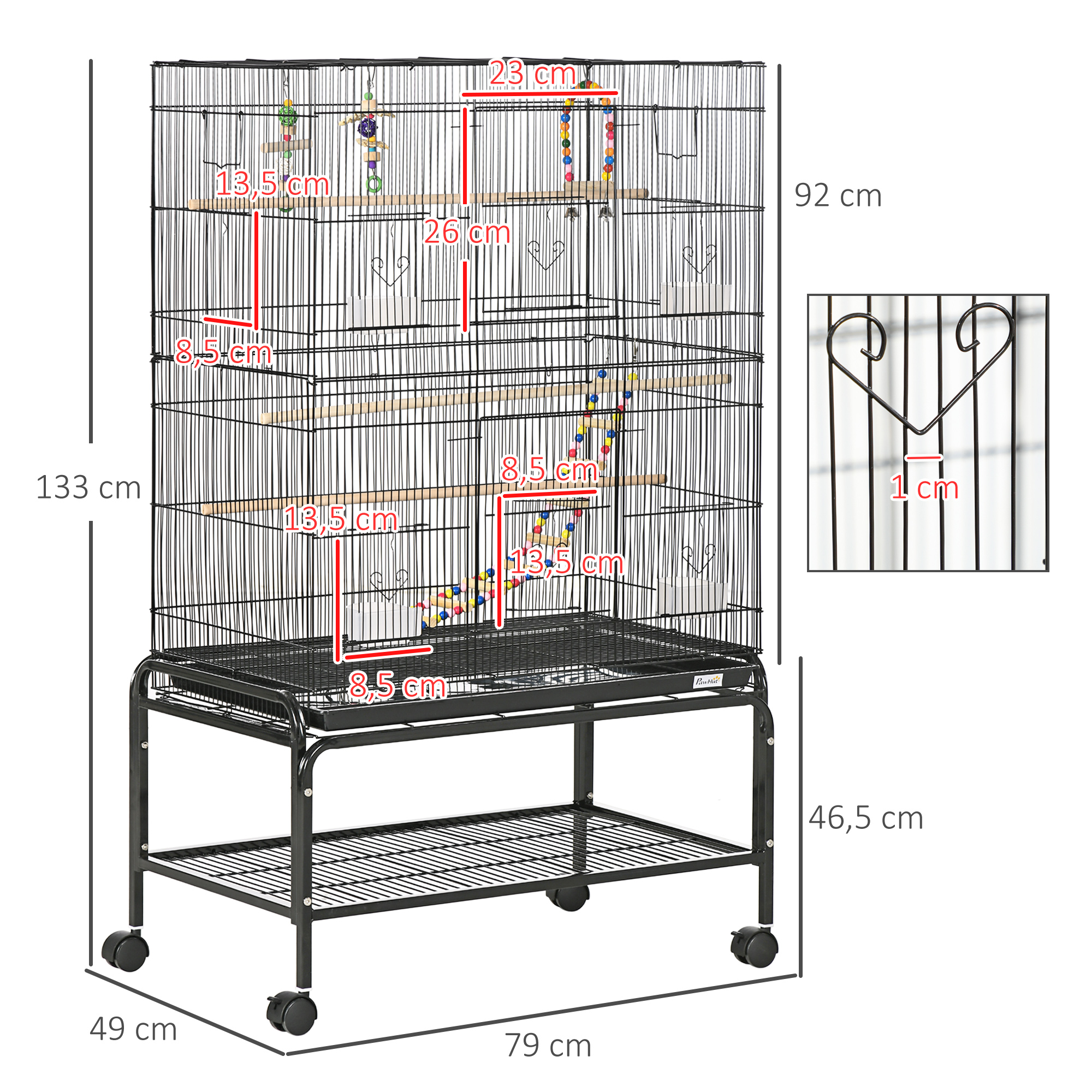 Una jaula de pájaros de metal negro sobre un soporte, con una variedad de perchas y juguetes en el interior.