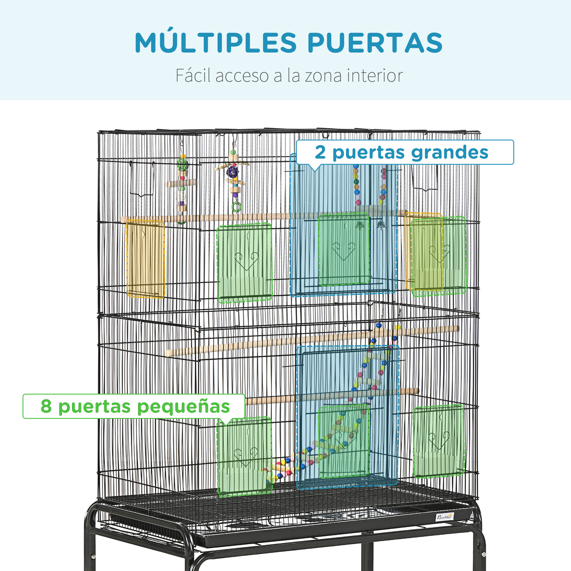 Una jaula alta negra con múltiples puertas y perchas. Se destacan dos puertas grandes y ocho pequeñas.