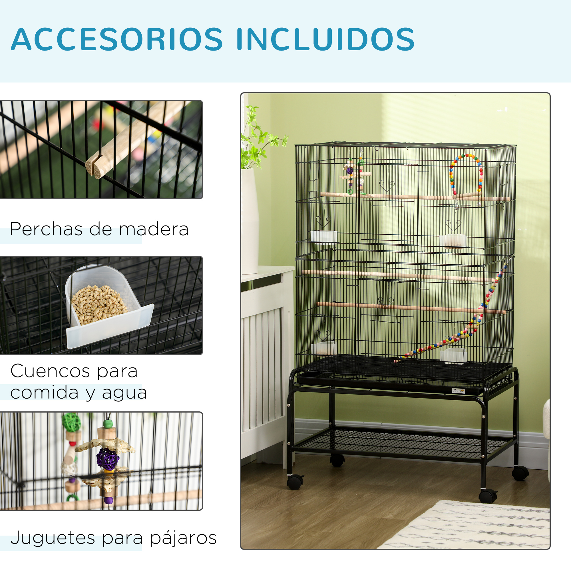 Jaula negra con perchas de madera, comederos y bebederos, y juguetes para aves. Accesorios incluidos.