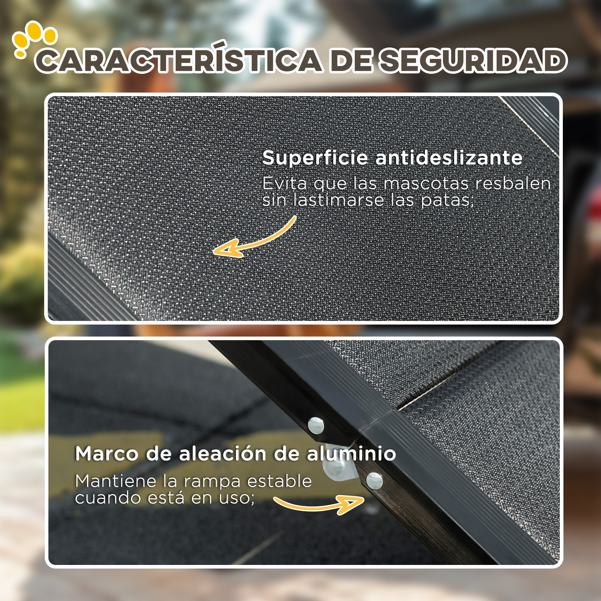 Primer plano de superficie antideslizante y detalle del marco de aluminio. Enfoque en la seguridad de mascotas con etiquetas de texto y flechas.
