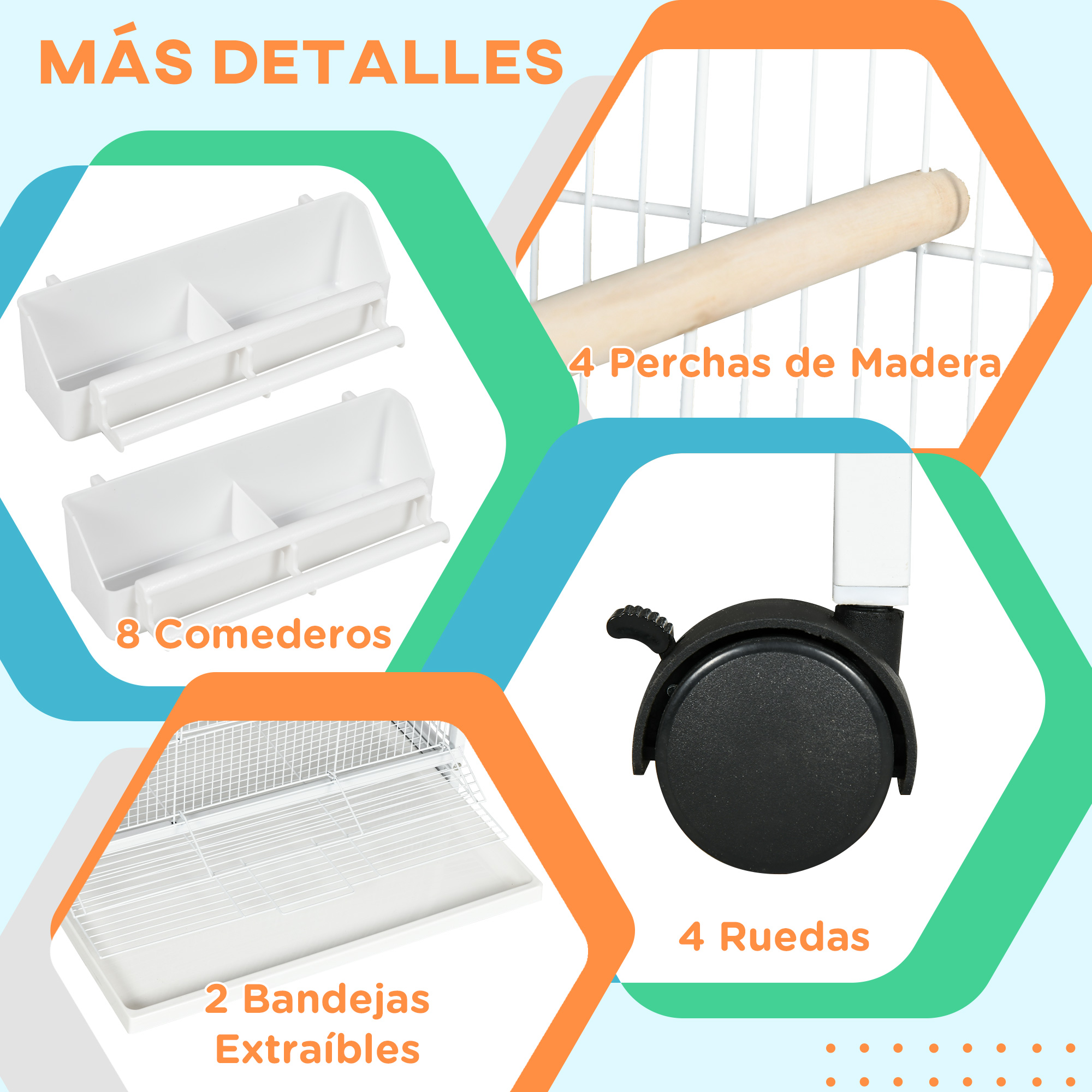 Una imagen que muestra los detalles de una jaula para pájaros. Incluye comederos, perchas, bandejas extraíbles y ruedas.