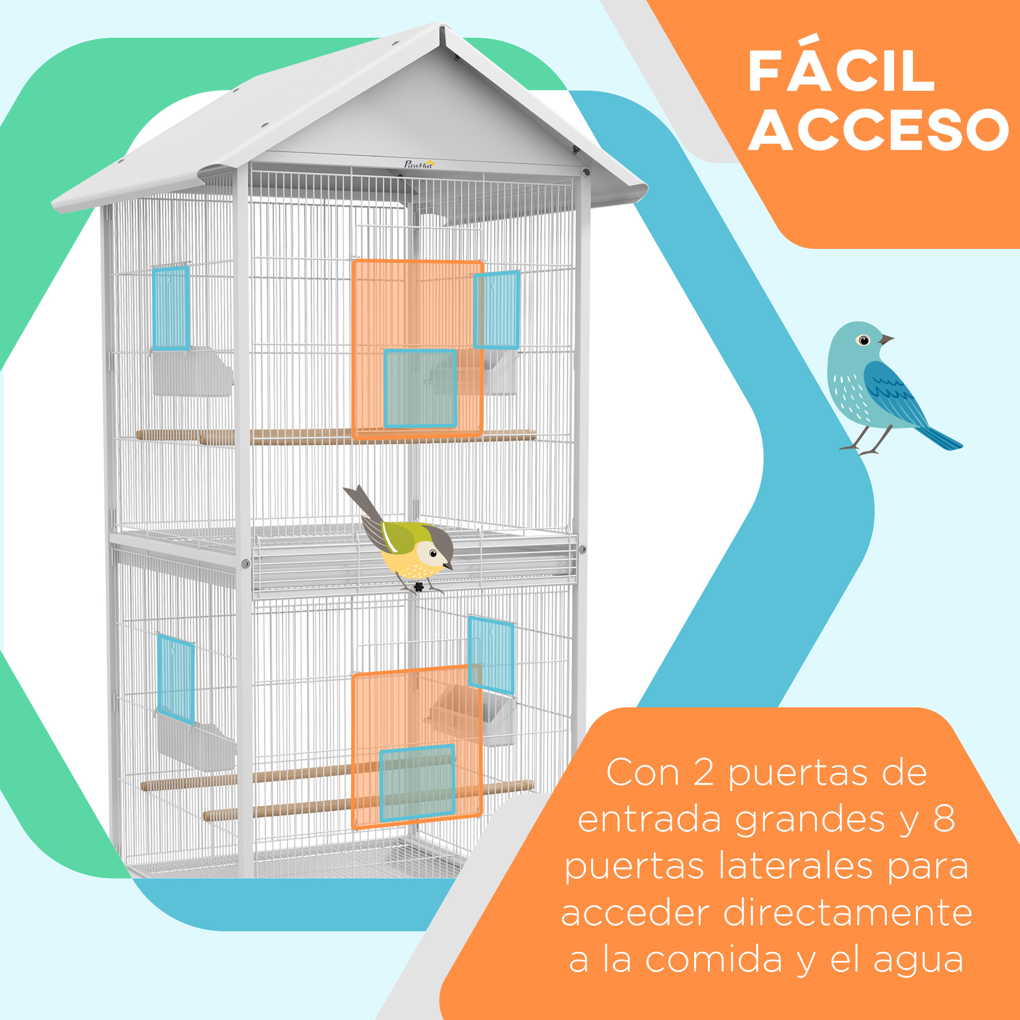 Pajarera blanca con puertas de acceso naranjas e ilustración de un pájaro azul. Fondo naranja y blanco.