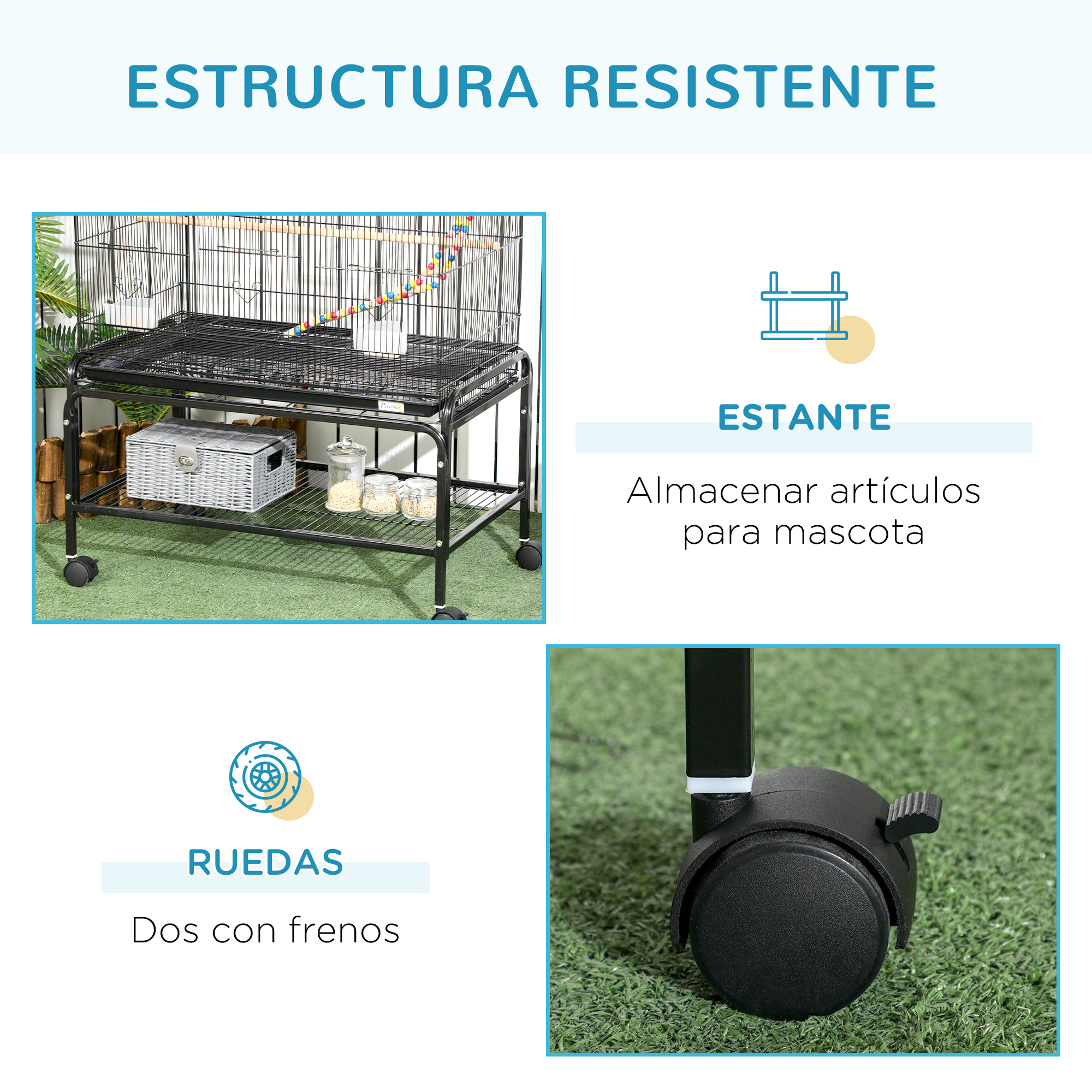 Una jaula de pájaros de metal sobre ruedas con un estante y una cesta blanca. La jaula tiene accesorios.