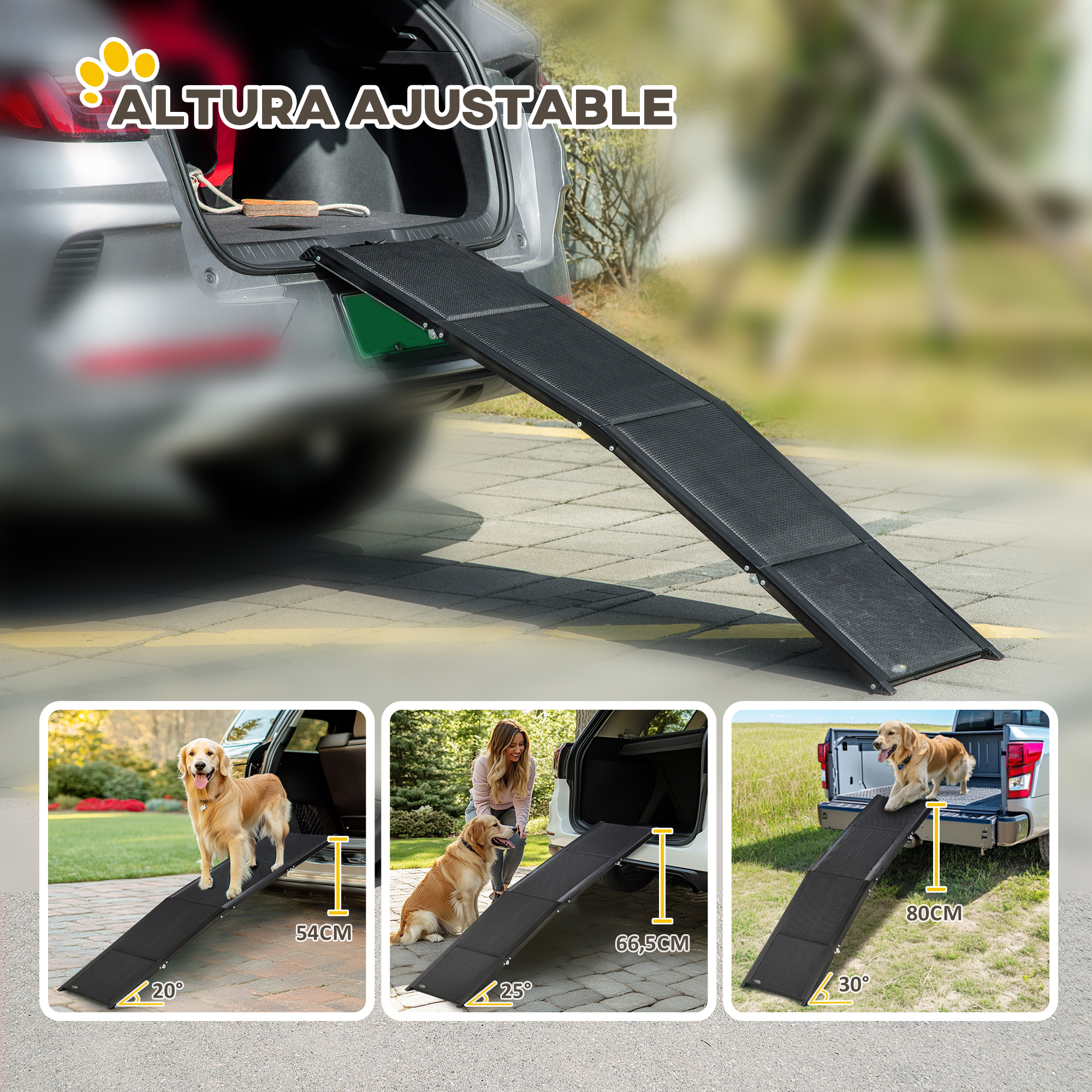 Una rampa para perros en uso. Las imágenes muestran la altura ajustable. Un coche está en el fondo. El texto dice: Altura ajustable.